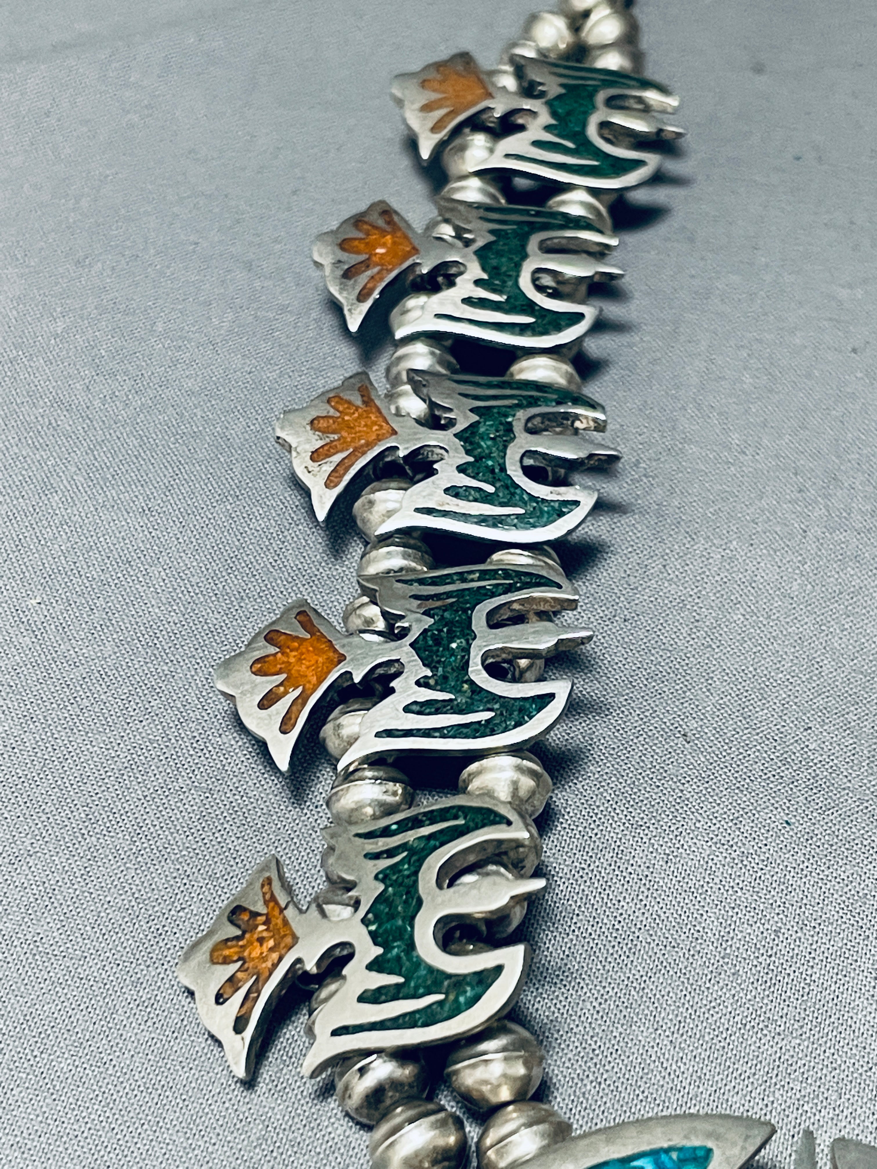 124 Gram Vintage Native American Navajo Turquoise Inlay Sterling Silver Squash Blossom Necklace - Handcrafted Southwest Jewelry for Women, Perfect for Boho Fashion, Weddings & Special Occasions