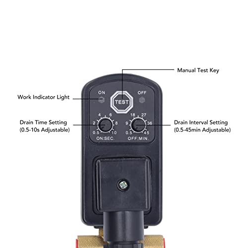 Brass ABS Electric Solenoid Drain Valve with Timer - 24V DC Automatic Compressor Water Release Valve for Air Compressor Systems - Ideal for Industrial, Automotive & HVAC Applications