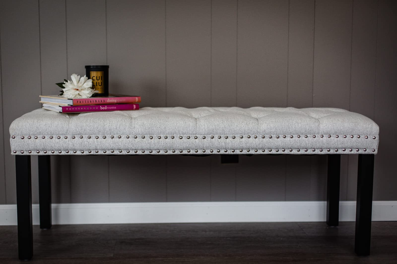 Cora Upholstered Tufted Bench - Dining Bench & Bedroom Seat with Silver Nailhead Trim, Cream Fabric - Perfect for Living Room, Hallway or End of Bed Decor