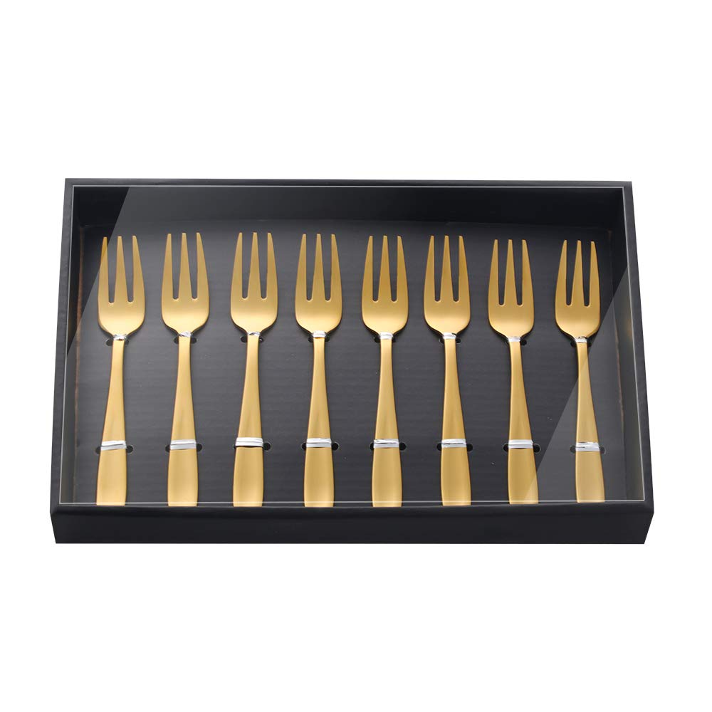 Premium 18/10 Stainless Steel Appetizer Forks Set of 8 - 5.4 Inch Gold Dessert Forks for Cake, Fruits & Tasting - Elegant Black Gift Box - Perfect for Parties, Weddings & Fine Dining