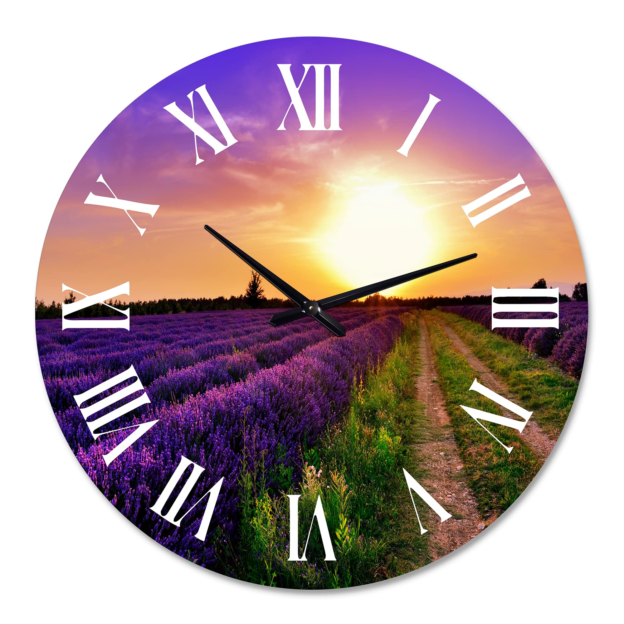 DesignQ Farmhouse Wall Clock - 'Lavender Field at Dawn II' Landscape Nature Decor, Large Rustic Clock for Living Room, Kitchen, Bedroom & Office