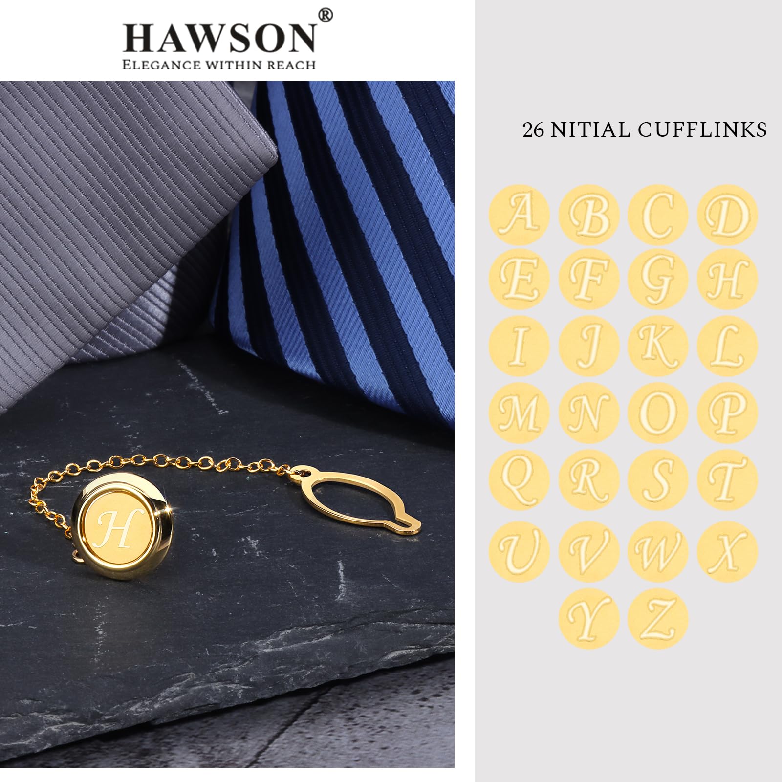 HAWSON Gold Tie Tacks for Men with Chain - Round Tie Pins for Wedding, Business & Formal Occasions - Personalized Initials A-Z - Perfect Tie Clip Gift for Birthday & Anniversary