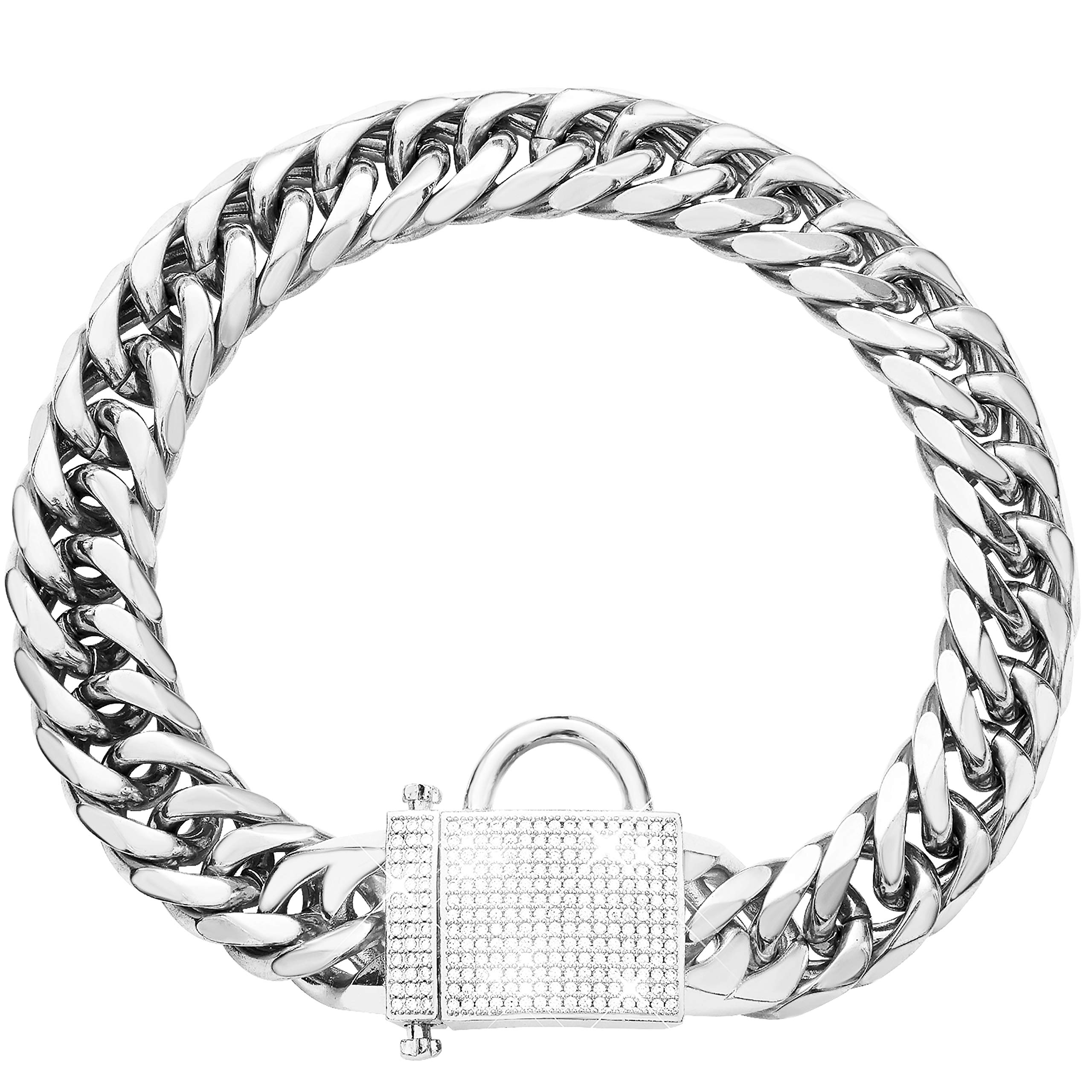 PRADOG Silver Stainless Steel Chain Dog Collar with Zirconia Buckle - 16mm Cuban Link Bling Puppy Necklace (12 Inch) for Small Dogs - Perfect for Pet Fashion, Daily Walks & Special Occasions