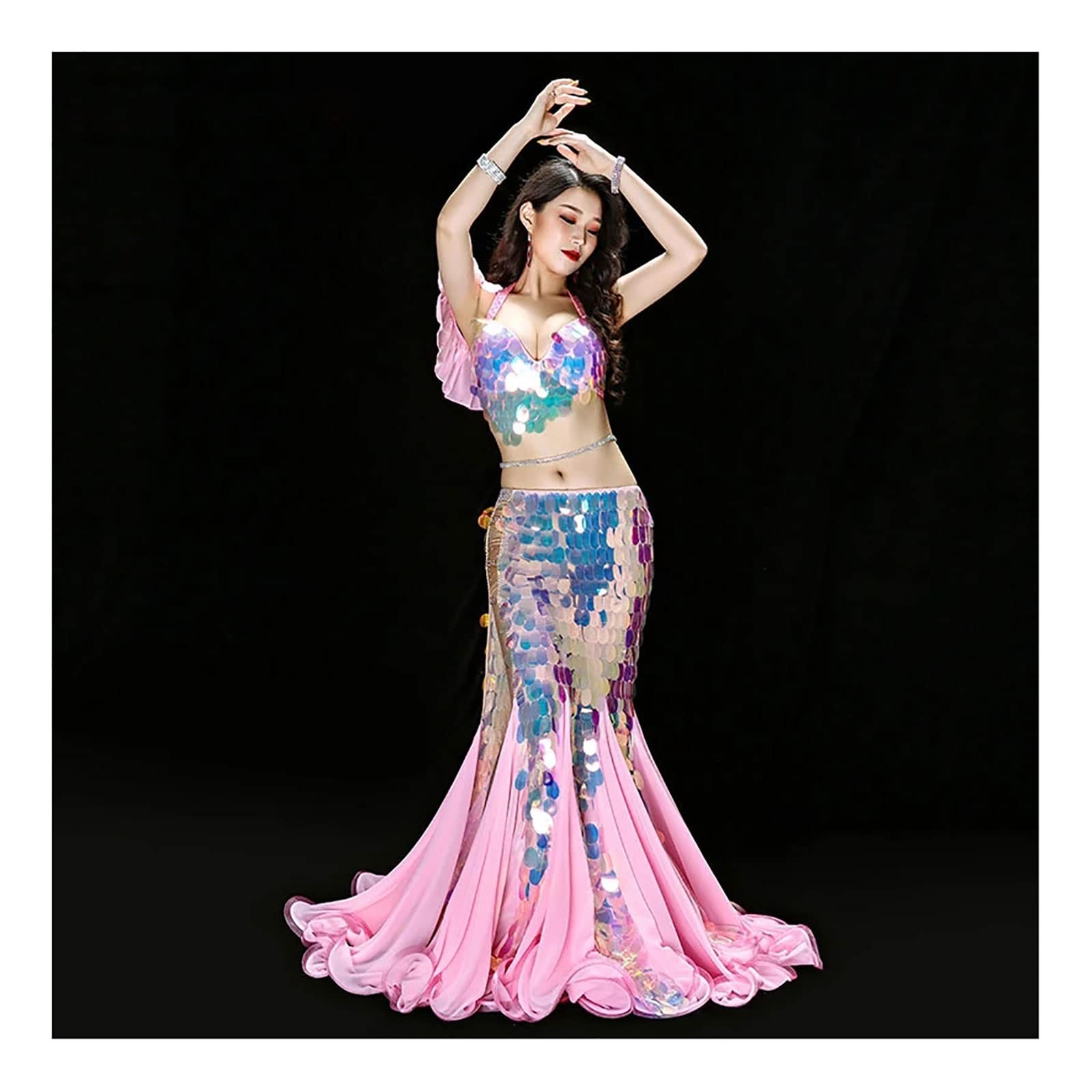 ZJDU Mermaid Belly Dance Costume - Sexy Long Sequined Skirt & Bra Set for Women, Oriental Style, White - Perfect for Performances, Parties & Dance Classes
