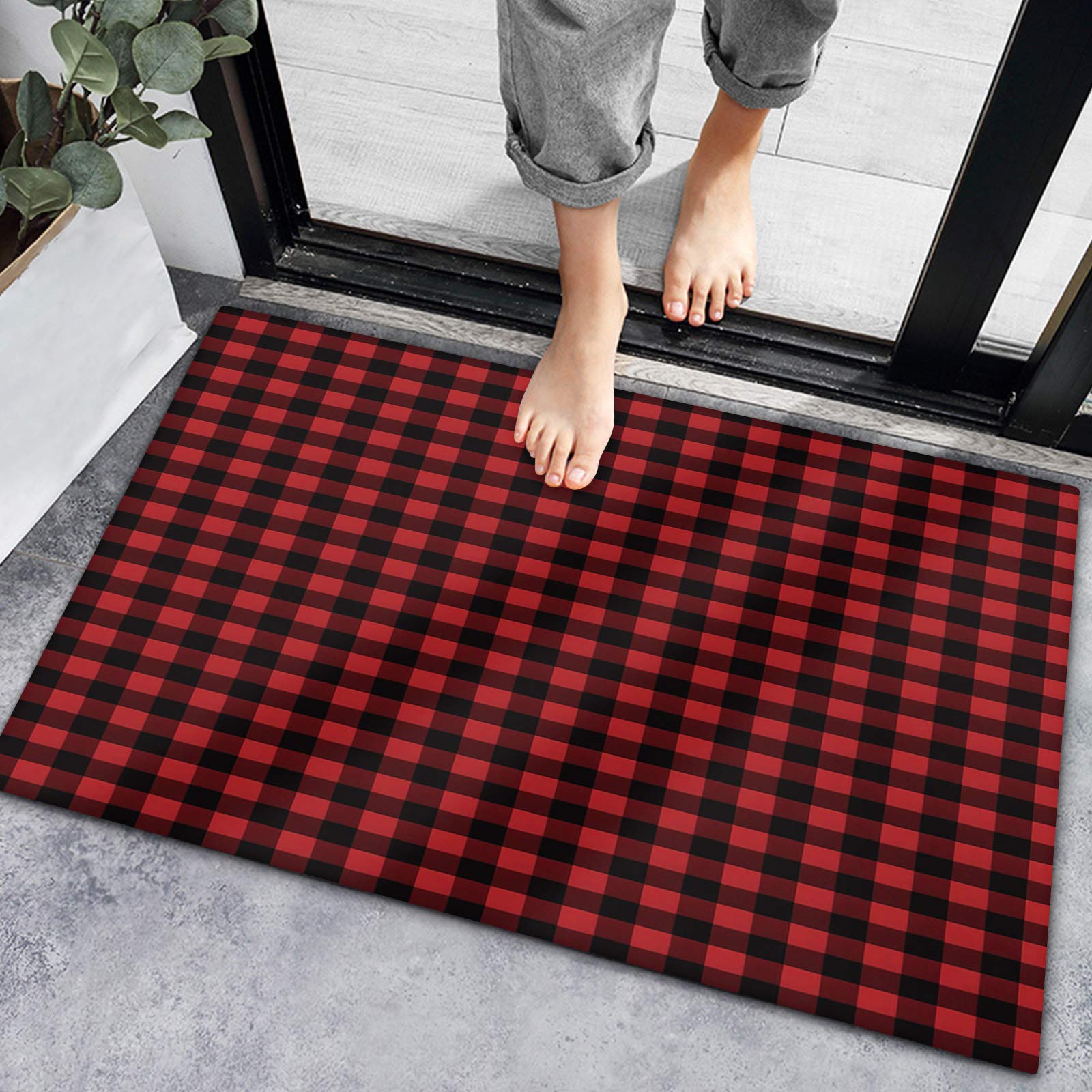 Non-Slip Buffalo Check Christmas Doormat 16x24 Inch - Red & Black Plaid Indoor Entrance Mat for Bathroom, Kitchen, Living Room & Bedroom Decor - Perfect for Holiday Home, Front Door & Cozy Winter Decorations