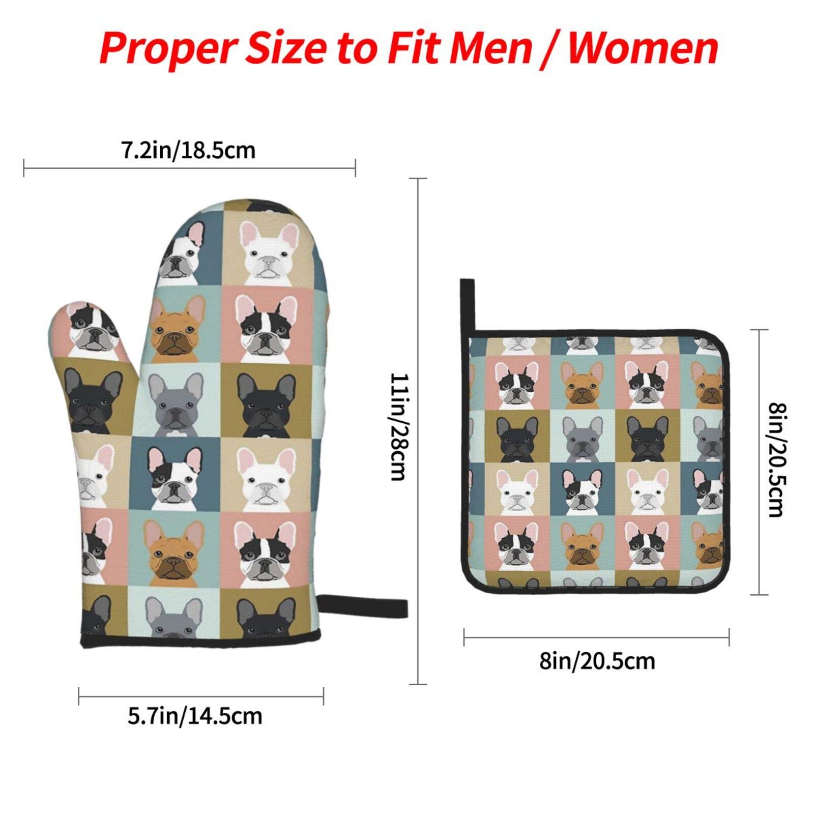 French Bulldog Oven Mitts and Pot Holders Set of 4 - Heat Resistant Kitchen Gloves for Cooking, Baking, Grilling & BBQ - Non-Slip Polyester Hot Pads for Home Chefs & Dog Lovers