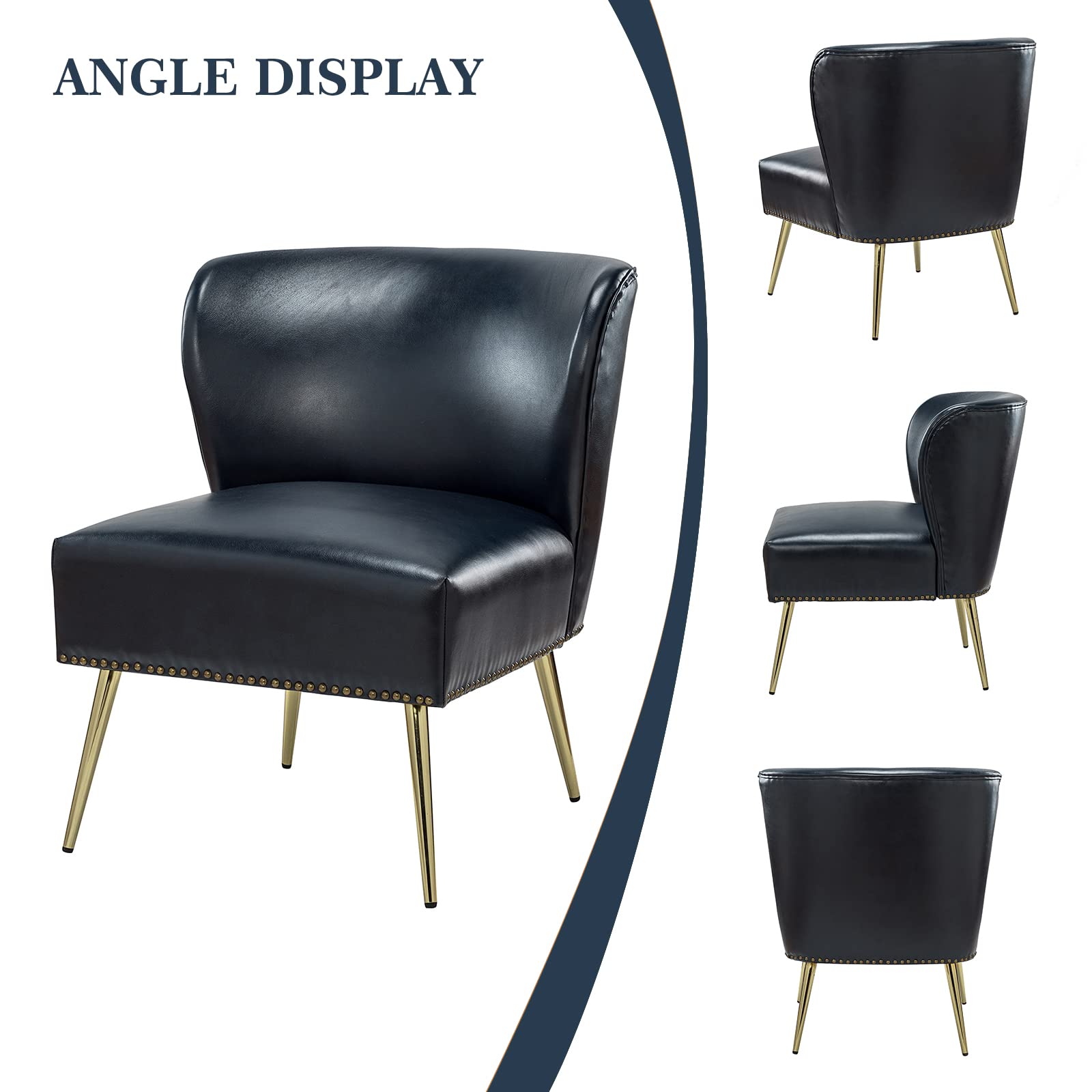 Mid Century Modern Faux Leather Accent Chair with Metal Base - Armless Living Room Chair with Rivet Trim, Navy Blue Upholstered Side Chair for Bedroom, Office & Lounge - Comfortable Home Decor Seating for Small Spaces