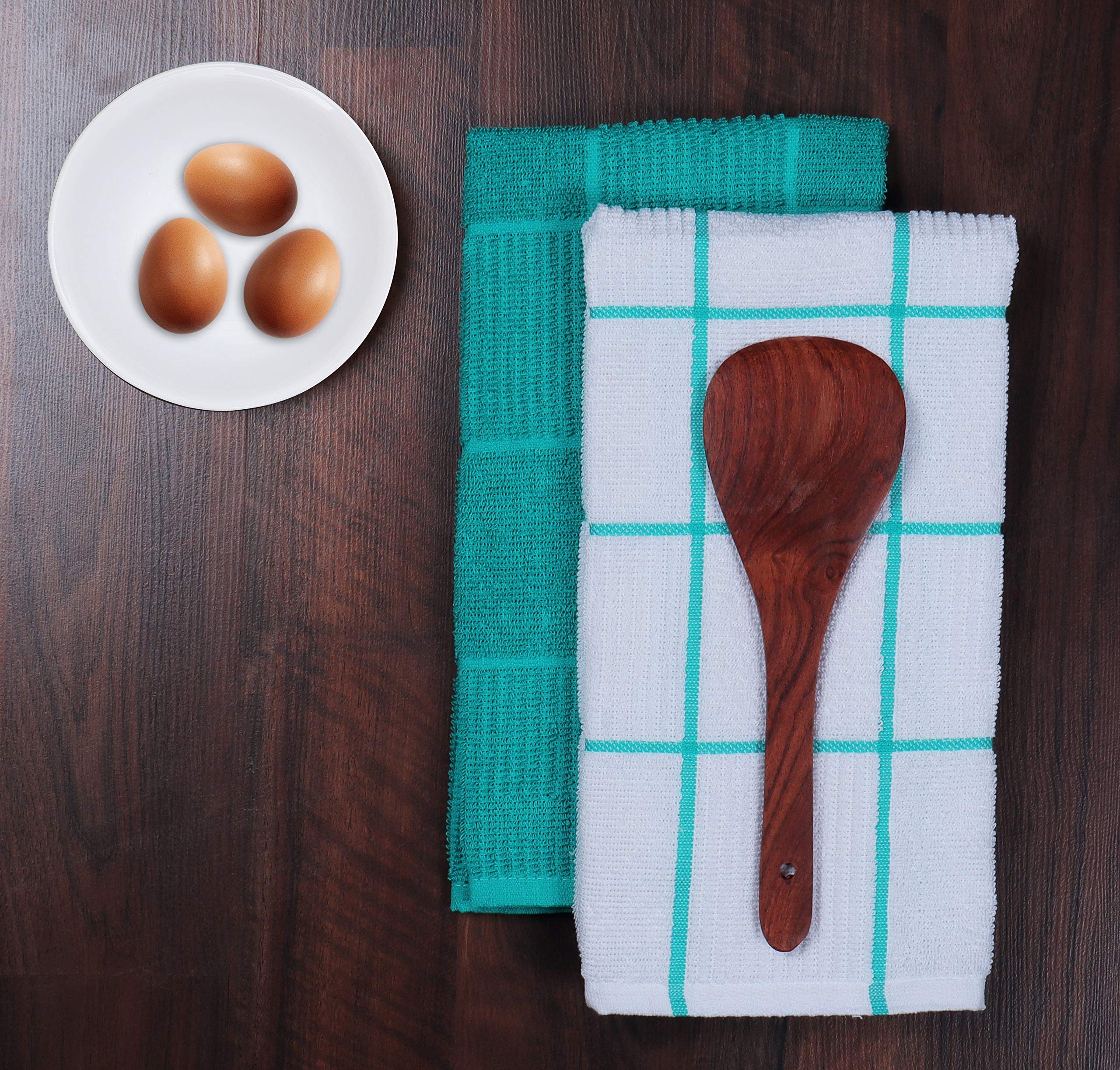 AMOUR INFINI Premium Cotton Kitchen Towels - Pack of 4, 16x28 Inch Super Absorbent & Quick Drying Dish Towels with Hanging Loop - Ideal for Hand Drying, Dishwashing & Tea Time (Teal)