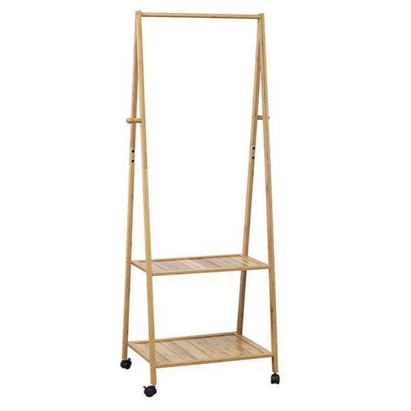 Portable Bamboo Clothes Rack with Wheels, Hanging Rail & 2 Shelves - Perfect for Bedroom, Laundry Room or Small Space Organization