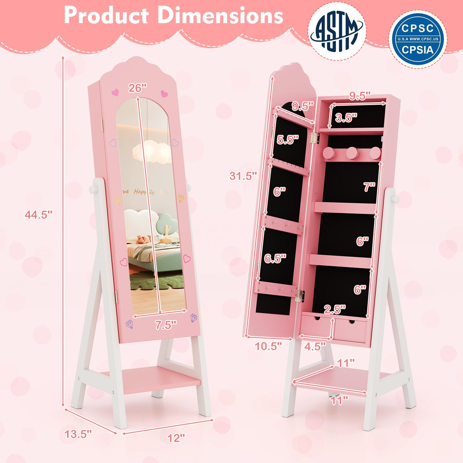 Costzon Kids Vanity & Jewelry Armoire Cabinet with Full-Length Mirror - Pink Makeup Vanity Table & Chair Set for Girls, Standing Jewelry Organizer - Perfect for Bedroom Decor, Birthday Gifts & Pretend Play