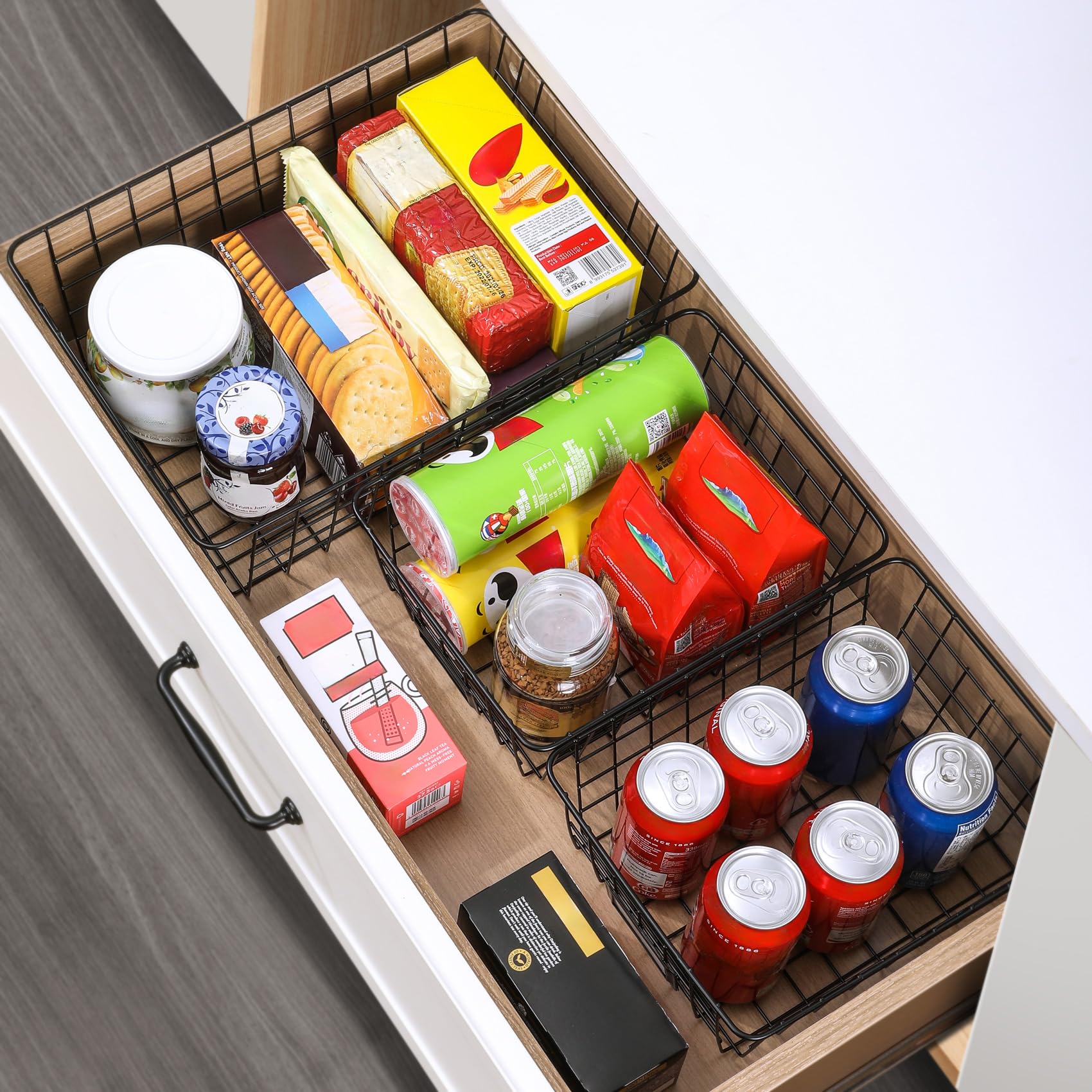 6-Pack Extra Large Metal Wire Storage Baskets with Labels - Black Pantry Organizer Bins for Kitchen, Laundry, Garage, Fridge & Bathroom Countertop - Perfect for Home Organization and Decluttering Spaces