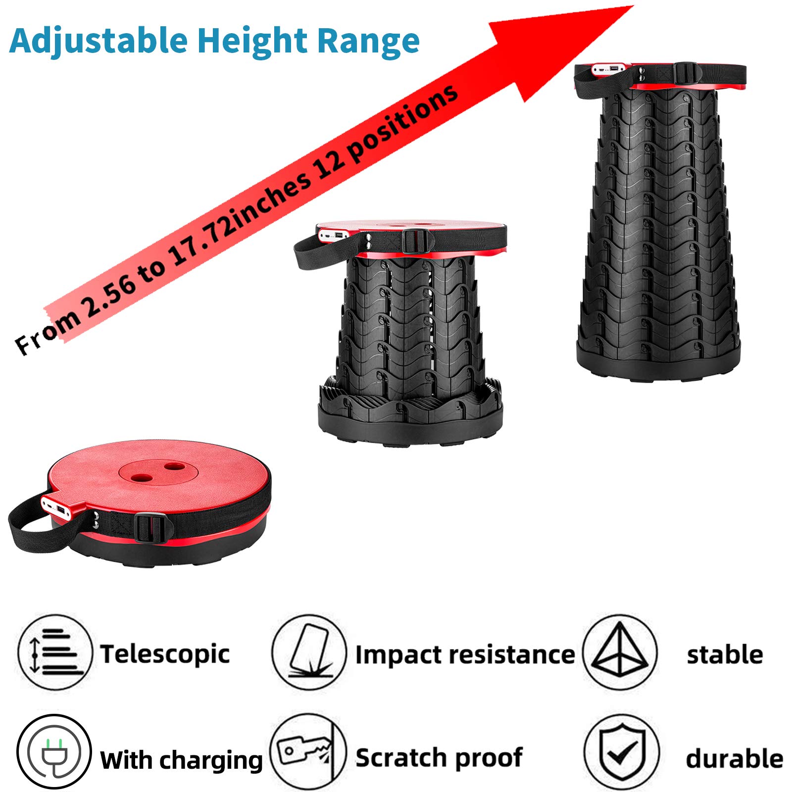 Portable Telescopic Stool with 4400mAh Power Bank - Built-in USB Charger for iPhone & Android Phones - 3rd Gen Foldable Camping Stool for Indoor, Outdoor, Gardening, Hiking & Picnics - Supports 400lbs Weight Capacity (Red)