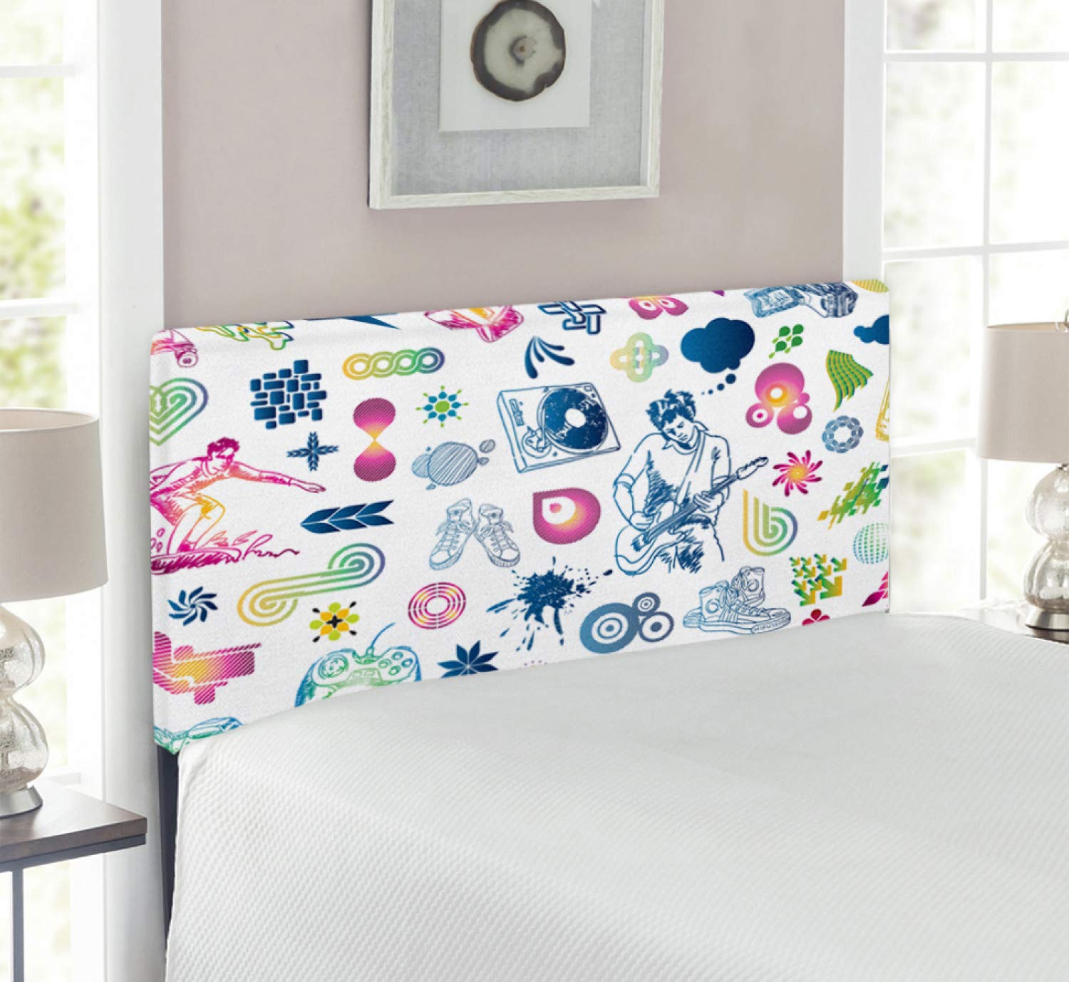Ambesonne Music Headboard - Modern Guitarist Design with Butterflies for Teen Boys, Playstation Inspired Ombre Digital Print, Upholstered Decorative Metal Bed Frame with Memory Foam - Twin Size Multicolor Headboard for Bedroom Decor & Gaming Room Setup