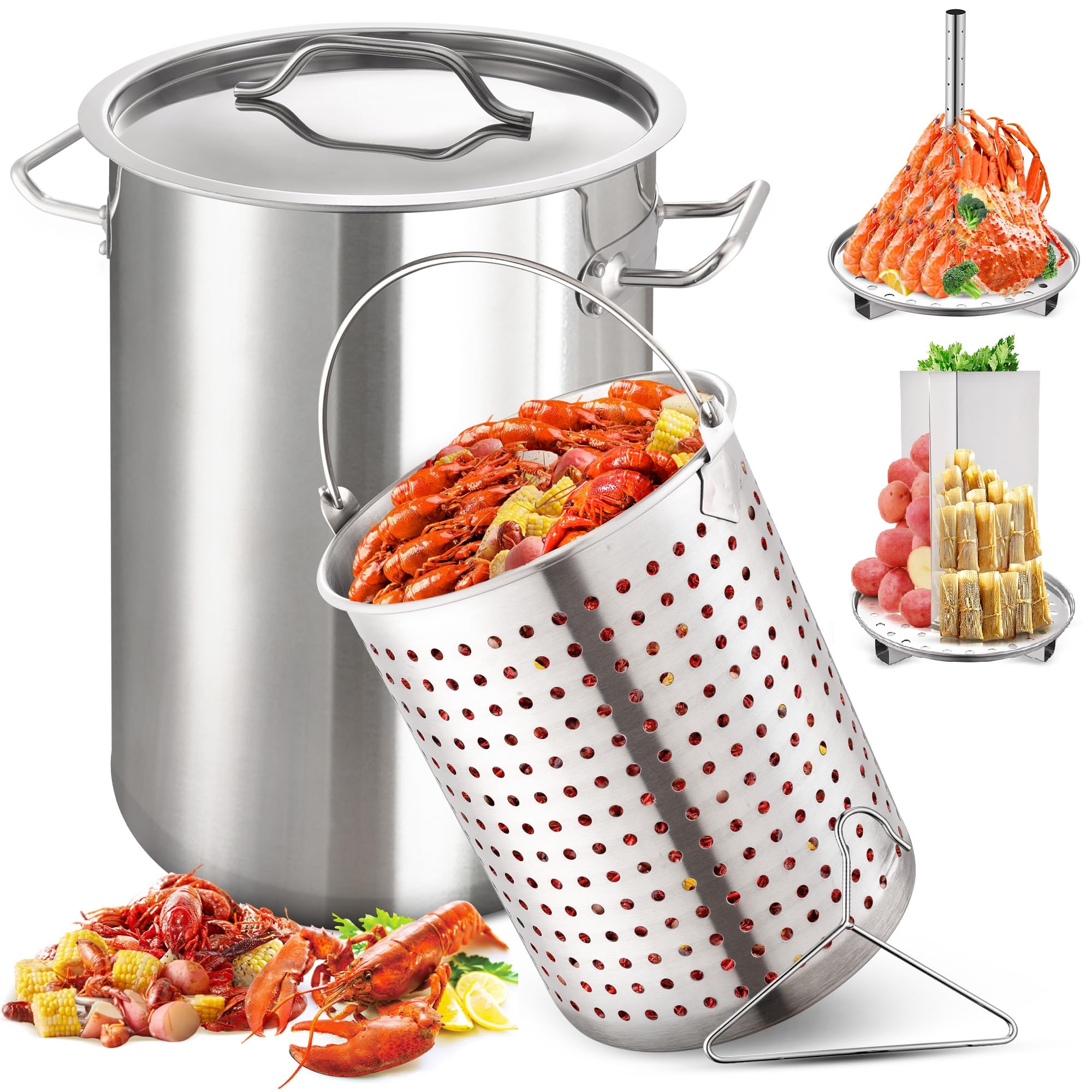 32QT Stainless Steel Stock Pot with Basket & Steamer Rack - 6-Piece Cookware Set for Seafood Boil, Crawfish, Crab, Shrimp, Lobster | Turkey Fryer Pot & Tamale Steamer with Strainer | Perfect for Outdoor Cooking, Family Gatherings & Large Batch Meals