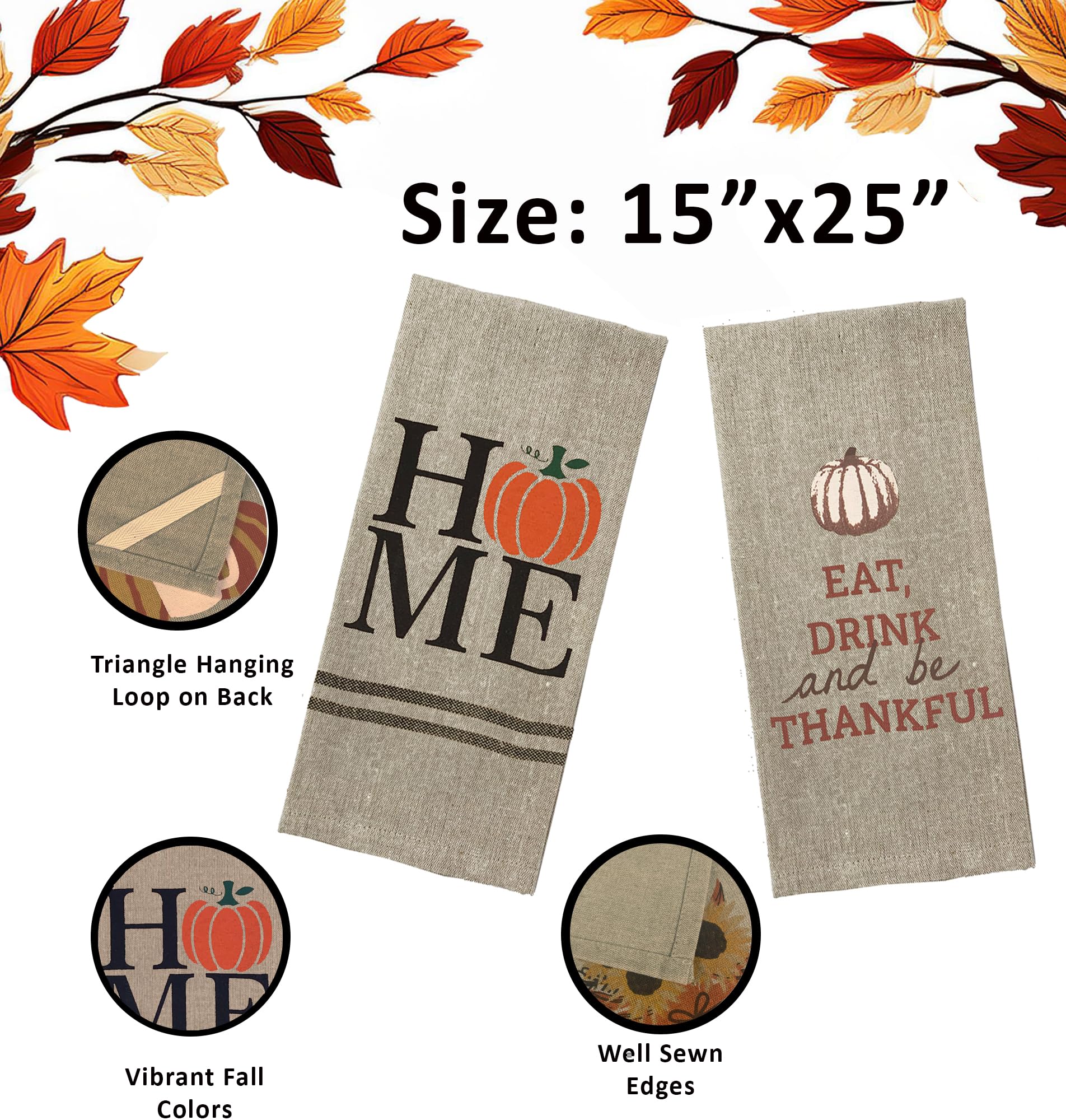Premium Fall Kitchen Towels Set - 100% Cotton Autumn Dish Towels with Pumpkin Decor (15”x25”) for Harvest Season | Soft & Absorbent for Cooking, Baking & Holiday Decor