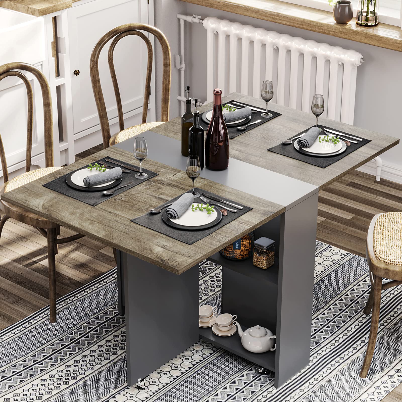 Optimized Tiptiper Folding Dining Table, Drop Leaf with 6 Wheels and 2-Layer Storage, Ideal for Small Spaces, Chestnut and Gray, Perfect for Apartments and Studios