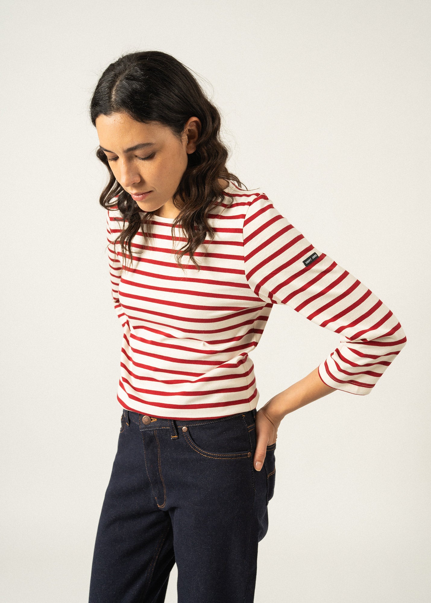GALATHEE II Women's ¾ Sleeve Breton Striped Cotton Top - Soft & Comfortable Fit in Ecru & Maroon | Casual Wear, Office Outfits, Weekend Style