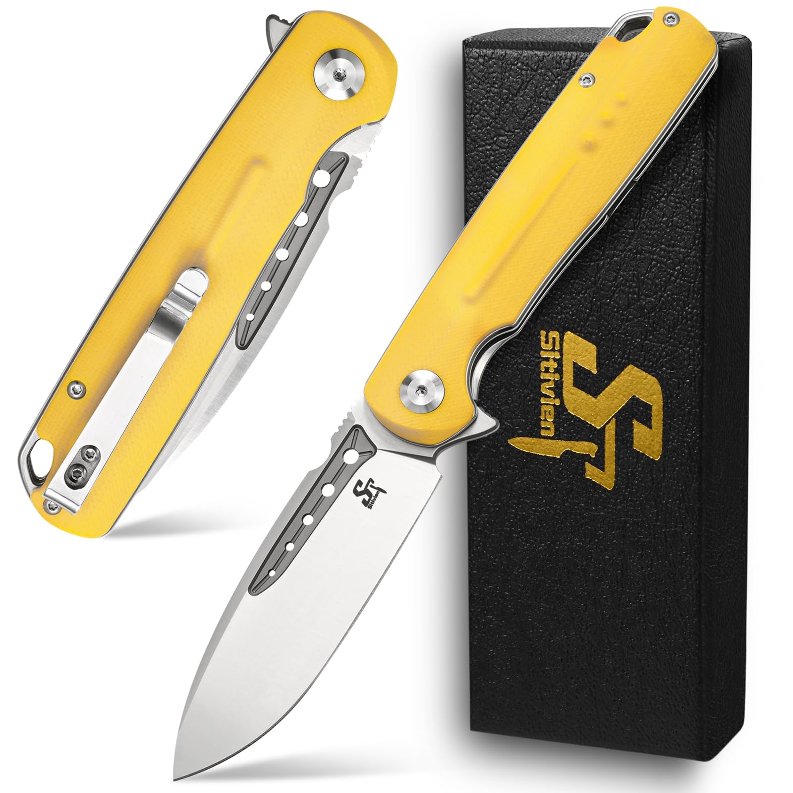 Sitivien ST131 Folding Pocket Knife - D2 Steel Blade, G10 Handle, Liner Lock - EDC Tool for Outdoor Camping, Hiking, Fishing & Survival (Yellow) - Perfect for Everyday Carry, Bushcraft & Tactical Use