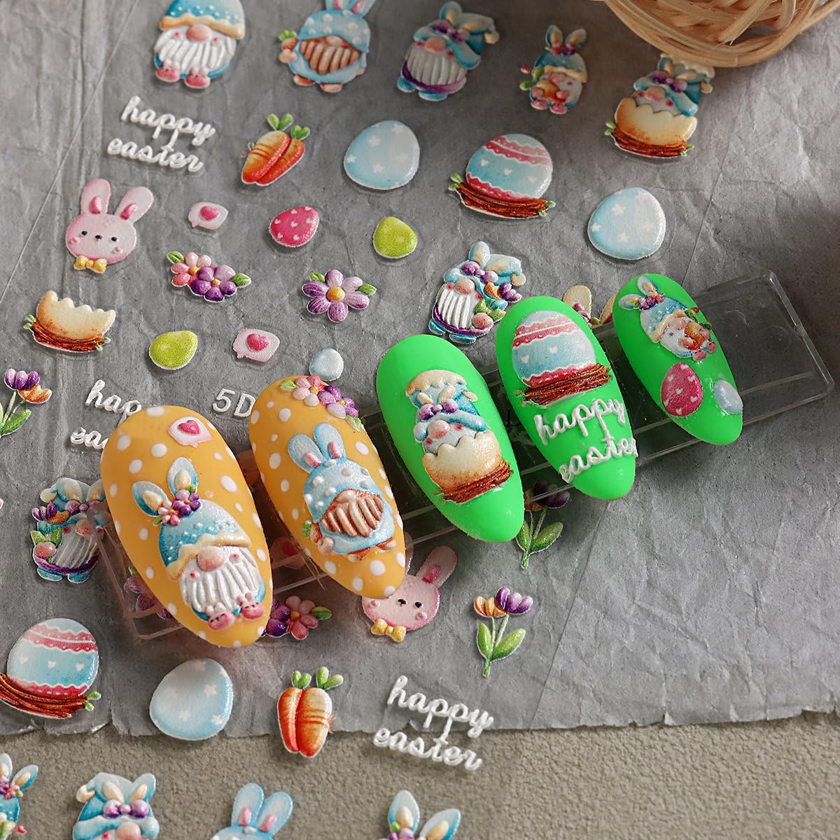 5D Easter Nail Art Stickers - Embossed Bunny & Egg Nail Decals - Self-Adhesive Spring Flower Nail Designs - Cartoon Rabbit & Carrot Nail Stickers Set for Easter DIY Manicure, Party Nail Art, Spring Festival Decorations
