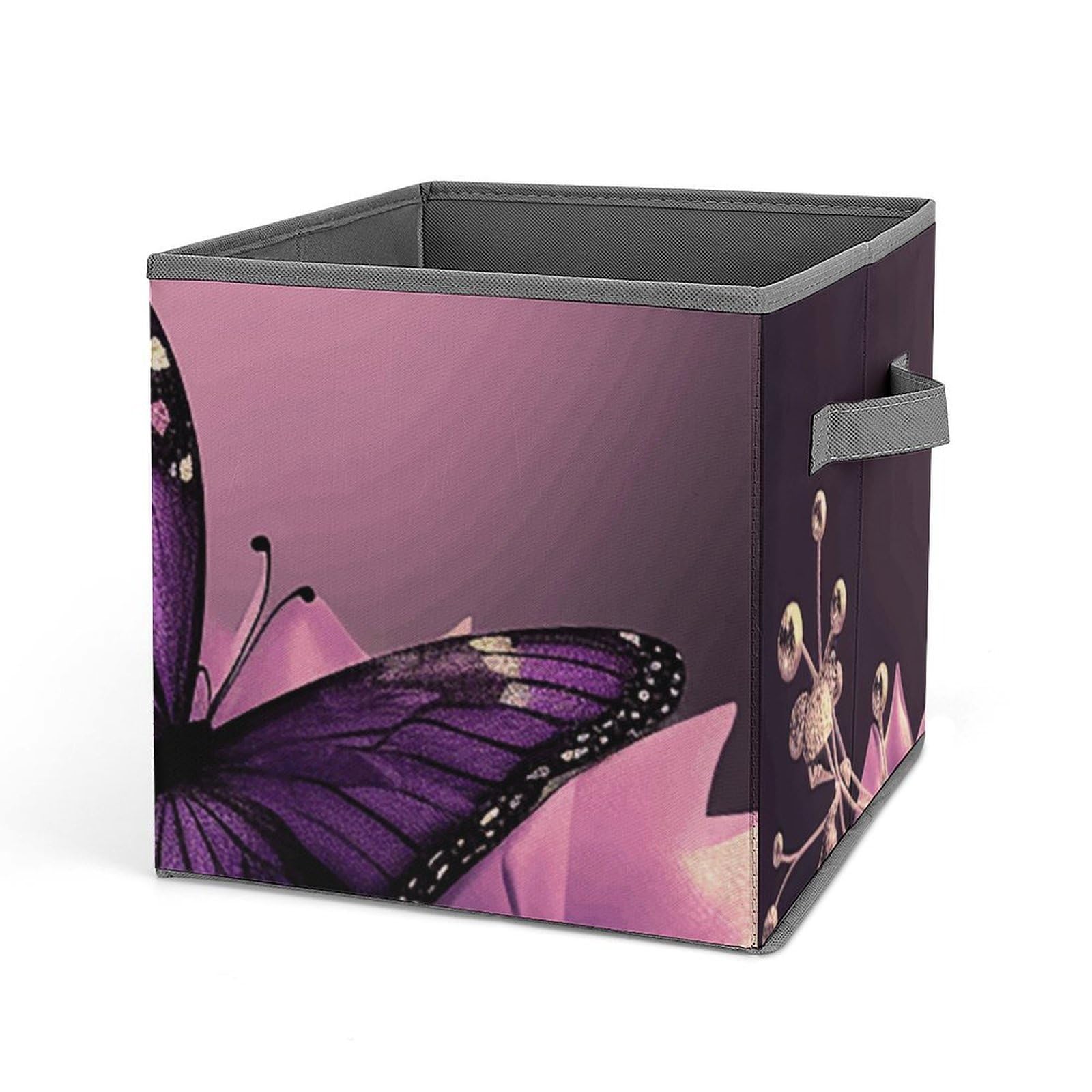 Large Collapsible Storage Bins with Handles - 10.6x10.6x10.6 Inch Purple Butterfly Design Closet Organizer Cubes for Home & Office Organization | Perfect for Bedroom, Kids Room & Pantry Storage