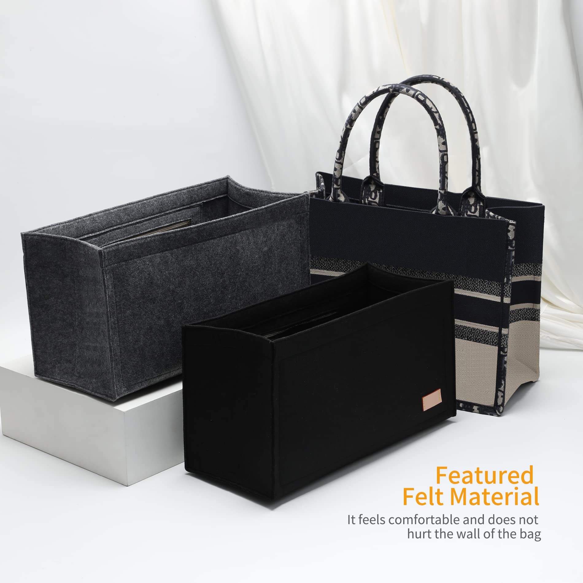Premium Tote Bag Organizer Insert - Large Size Handbag Inner Storage with Zipper for Book Tote Bags | Felt Liner Compartment Organizer (Black, XL) | Perfect for Travel, Work & Daily Organization