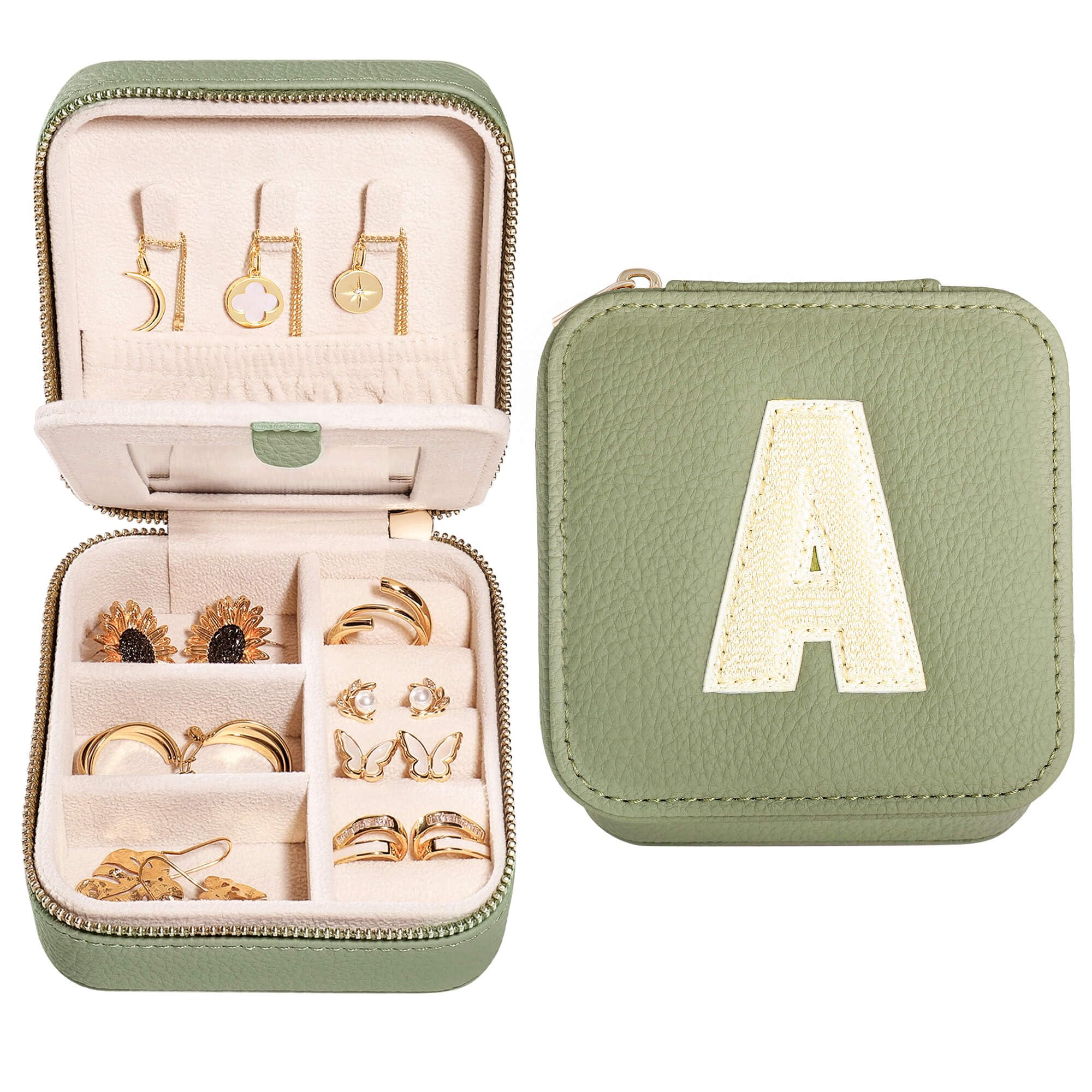 S.Leaf Monogram Travel Jewelry Box for Women - Compact Jewelry Organizer with Initial Letter A, Portable Jewelry Case for Necklaces, Rings & Earrings - Perfect for Travel, Gifts & Daily Storage
