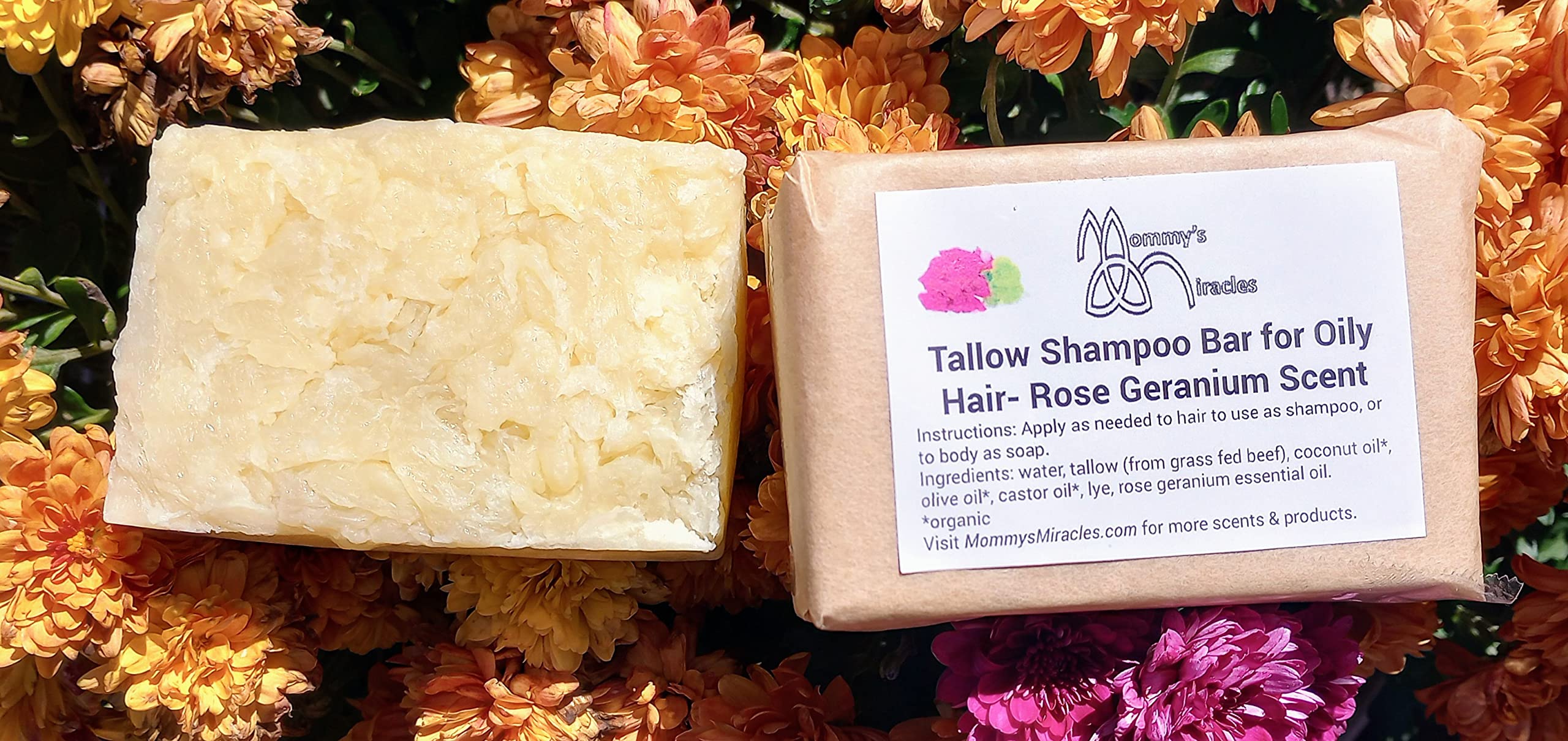 Natural Tallow Shampoo Bar for Oily Hair & Scalp - Rose Geranium Scented Vegan Hair Care | Gentle Cleansing for Greasy Hair, Promotes Hair Growth - Perfect for Daily Use & Travel