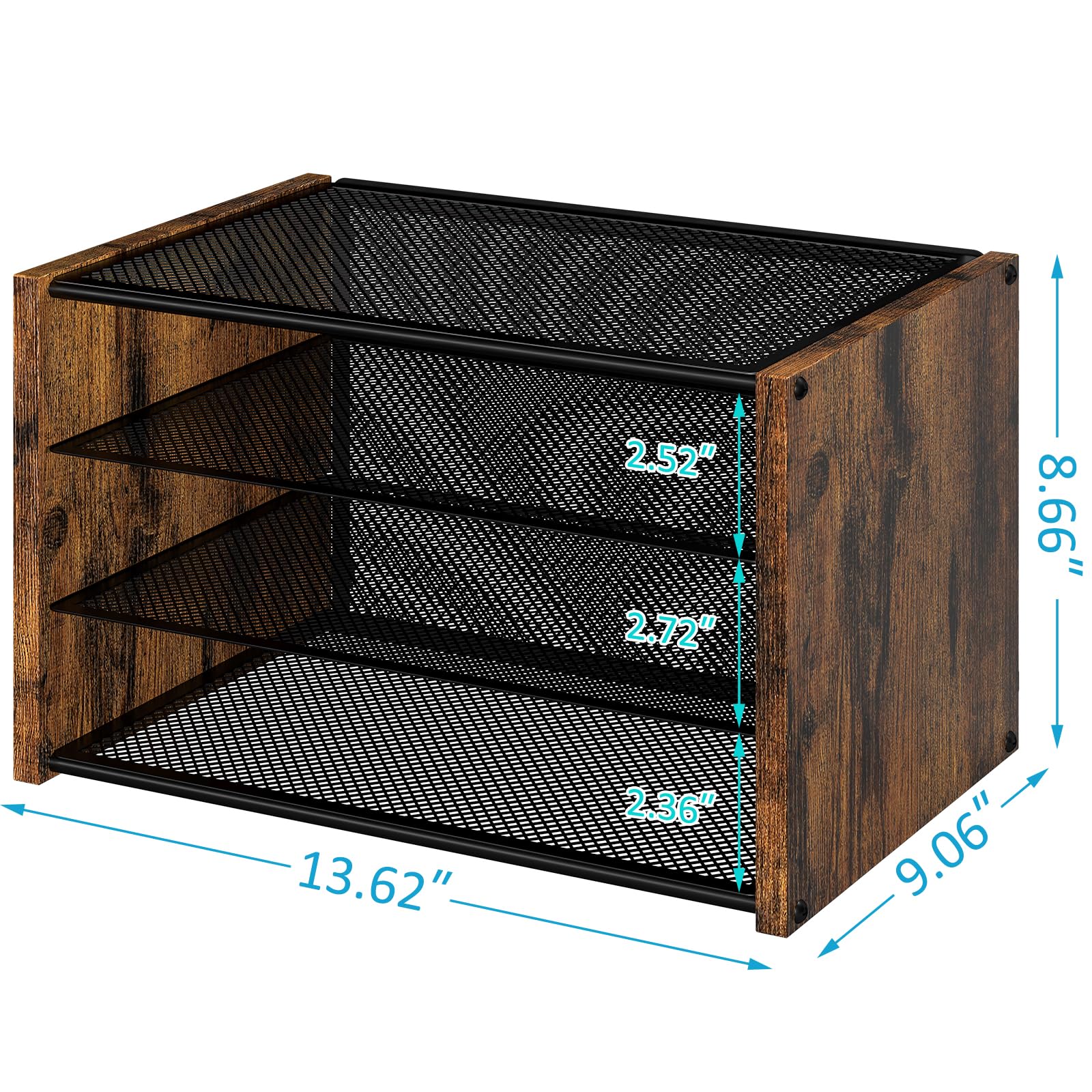 3-Tier Wooden Paper Letter Tray - Stackable Metal Mesh Desk Organizer for Office, Home & School | Rustic Brown File Holder for Documents, Mail & Stationery | Perfect for Workspace Organization & Decluttering