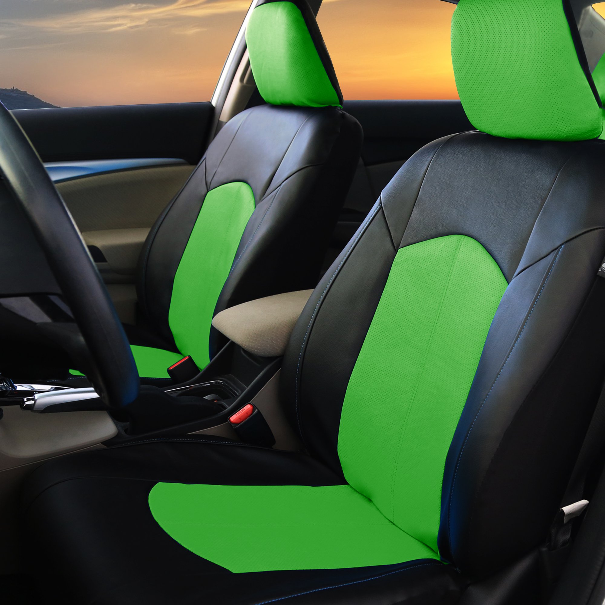 Premium Faux Leather Car Seat Covers - Universal Fit for Cars, Trucks & SUVs | Airbag Compatible Split Bench Design | Non-Slip Dash Grip Pad Included | Green & Tan Color Combo | Perfect for Road Trips, Daily Commutes & Vehicle Protection