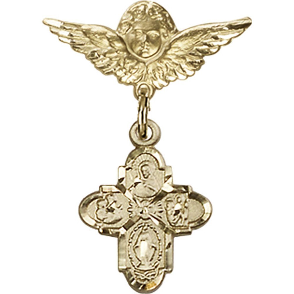 Gold Filled Baby Badge Pin with 4-Way Charm & Angel Wings - 1 X 3/4 inches - Perfect for Christening Gifts, Baby Showers & Keepsake Jewelry