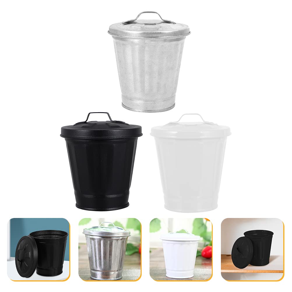 LUOZZY 3-Piece Small Metal Trash Can Set with Lid - Galvanized Mini Wastebasket for Home, Office & Bathroom | 3.5 x 3.7 Inch Desktop Garbage Can | Perfect for Desks, Countertops & as Decorative Flower Pots