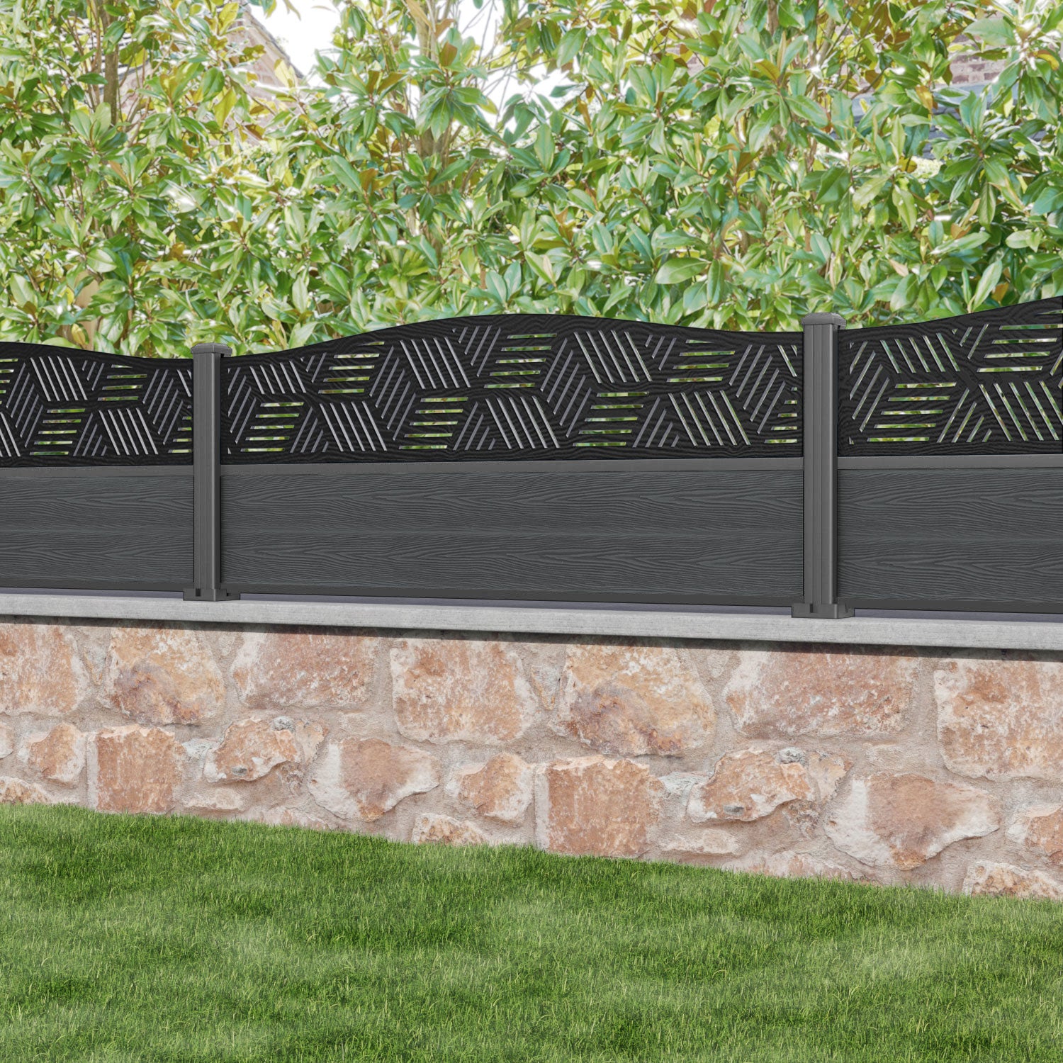 Classic Cubed Curved Top Fence Panel - Dark Grey Aluminum Fence with Matching Posts | Perfect for Backyard Privacy & Garden Security