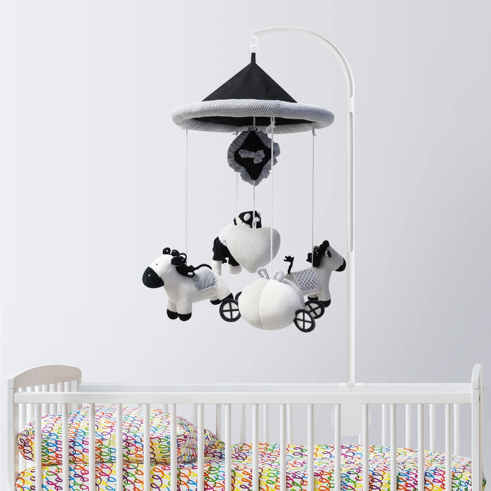White Horse Musical Baby Crib Mobile - Neutral Nursery Decor with Soothing Music | Handmade Crib Toy for Newborns & Infants | Perfect for Nursery Room, Baby Shower Gifts & Bedtime Soothing