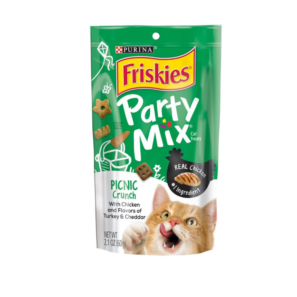 Friskies Party Mix Crunch Cat Treats 60g - Beachside Crunch with Cheezy Gravylicious Chicken & Turkey Flavor - Perfect for Training, Rewards & Bonding with Your Cat