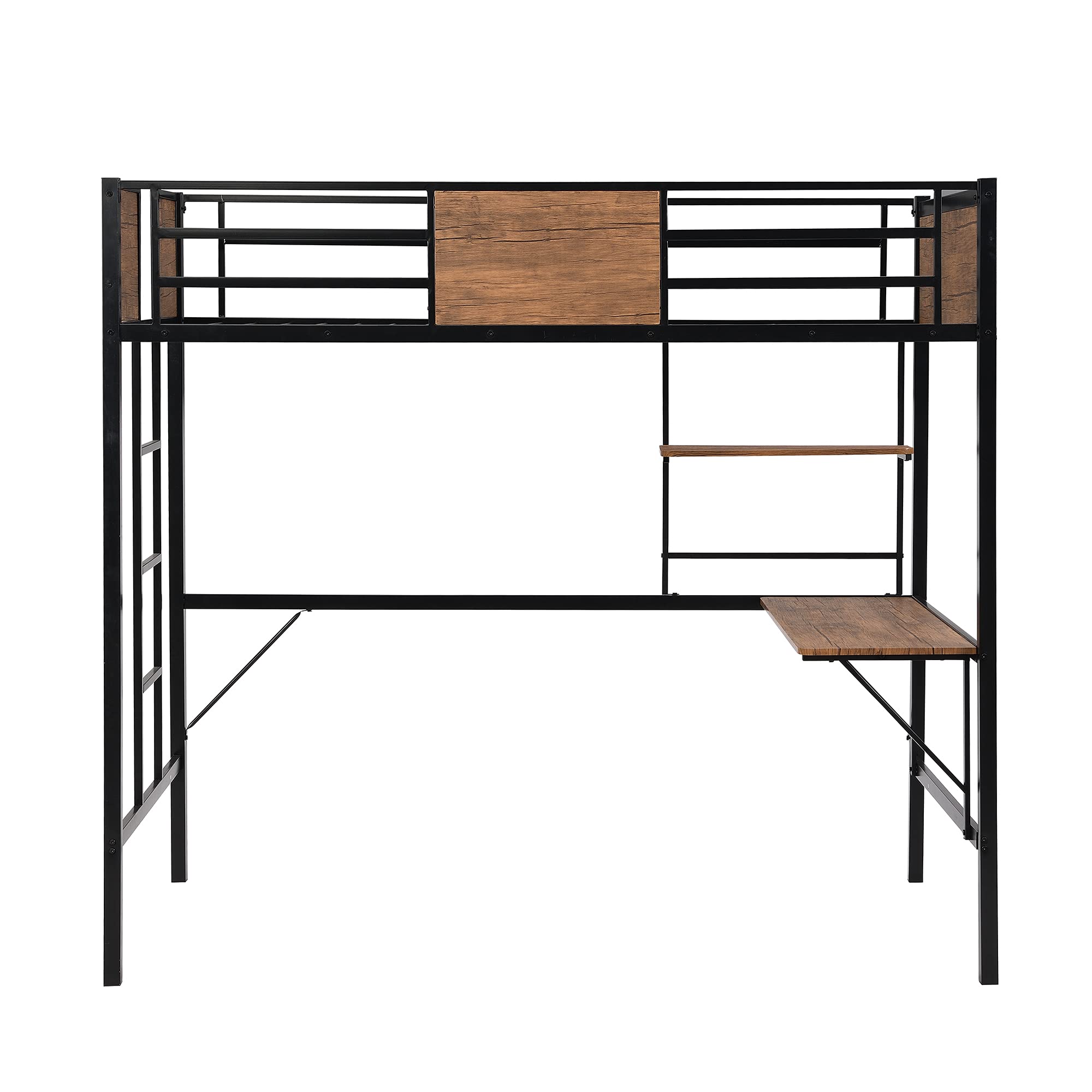 Metal Loft Bed with Desk & Storage Shelves - Twin Size Study Bed with Full-Length Guardrail & Built-in Ladder - No Box Spring Needed (Black Frame with Gray Boards) - Perfect for Small Bedrooms, Dorm Rooms & Home Office Spaces