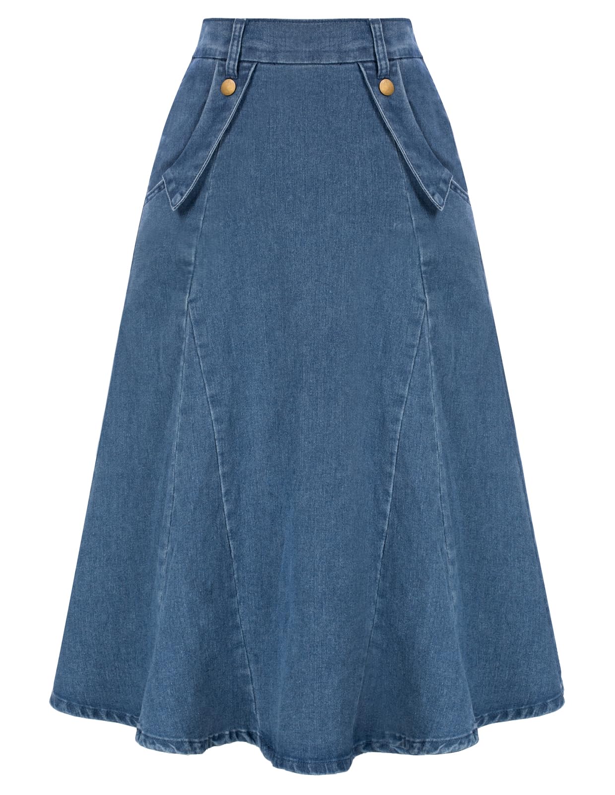 Belle Poque Women's Vintage High Waist Denim Skirt - Stretchy A-Line Long Maxi Jean Skirt with Pockets for Casual Outfits & Summer Fashion