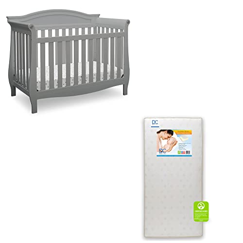 Delta Children Lancaster 4-in-1 Convertible Baby Crib with Twinkle Stars Waterproof Fiber Core Mattress - Grey | Nursery Bed for Newborns, Infants & Toddlers | Perfect for Daycare, Home Nursery & Guest Room