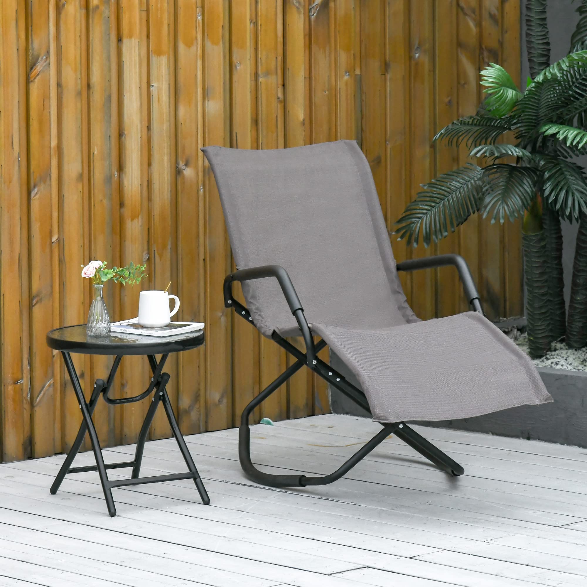 Outsunny Outdoor Folding Rocking Chair - Portable Zero Gravity Lounge Chair with Armrests for Patio, Lawn, Beach & Pool - Comfortable Foldable Chaise Lounge for Sunbathing, Relaxing & Tanning - Perfect for Backyard, Garden & Vacation Use
