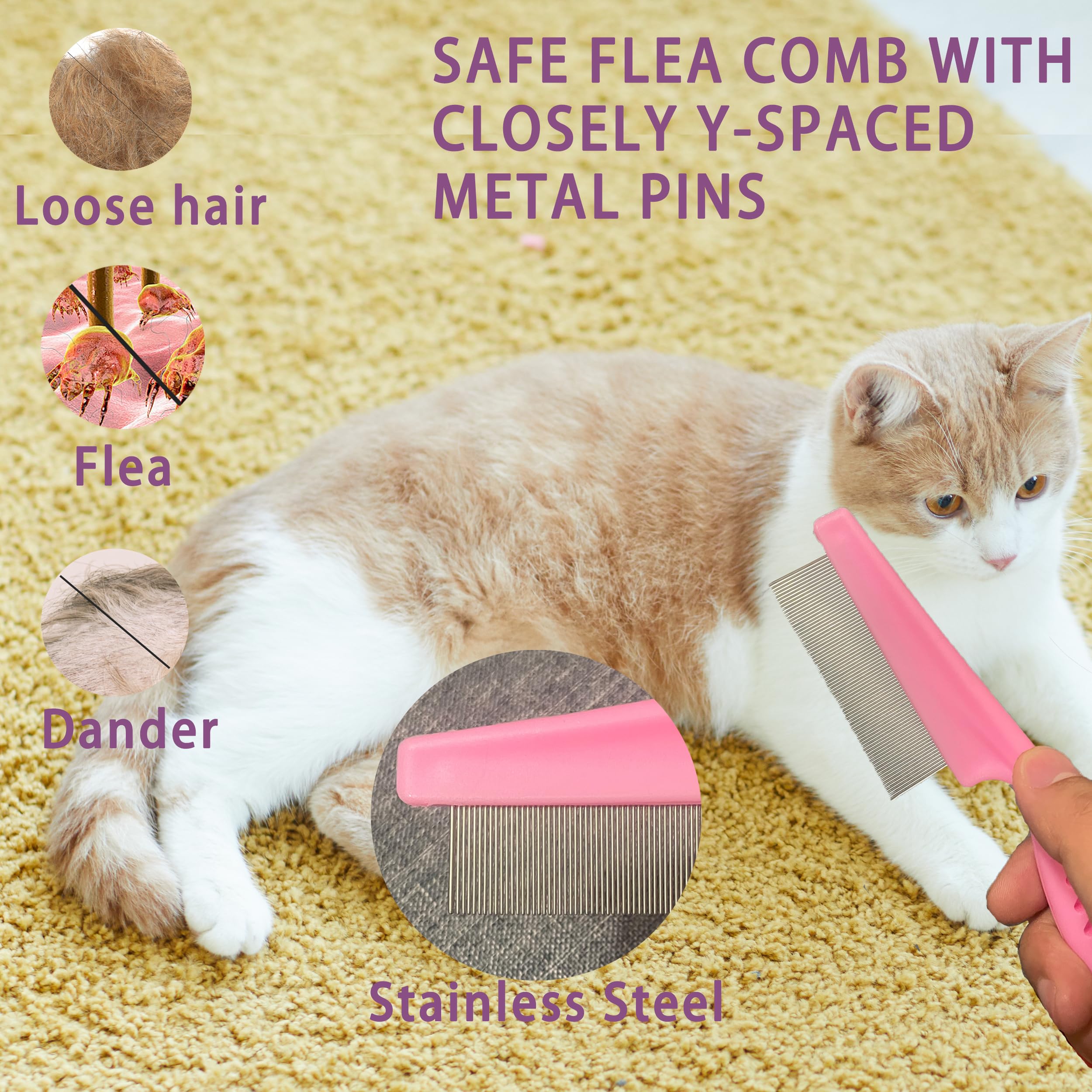 Premium Cat Grooming Brush Kit - 6-in-1 Deshedding & Dematting Tools for Long/Short Hair Cats | Self-Cleaning Slicker Brush & Flea Comb for Cats & Kittens (Pink) | Perfect for Home Pet Care & Professional Grooming