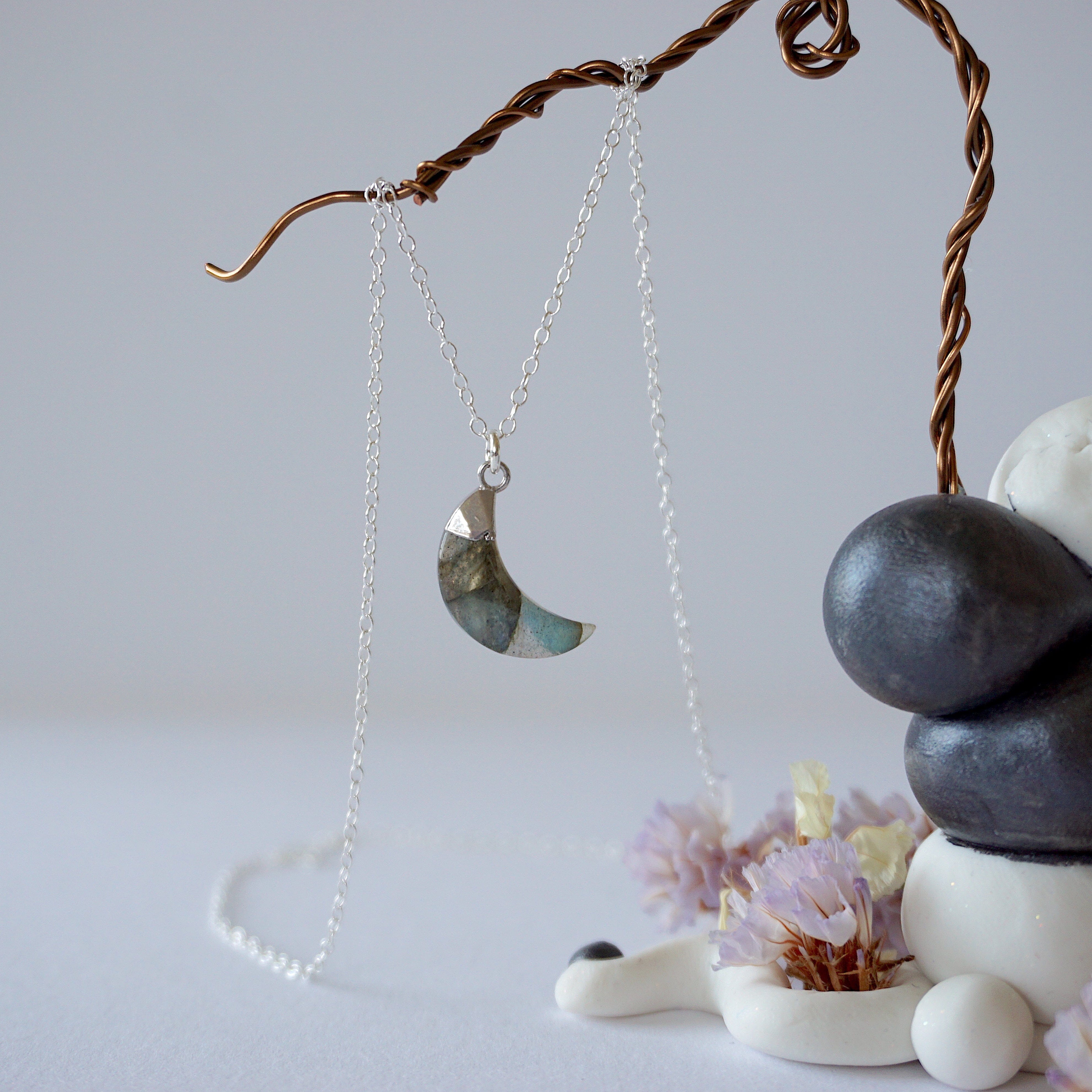Labradorite Sterling Silver Moon Charm Necklace – Elegant Gemstone Jewelry for Women, Moon Phase Pendant Gift for Her | Perfect for Spiritual Healing, Boho Fashion & Special Occasions