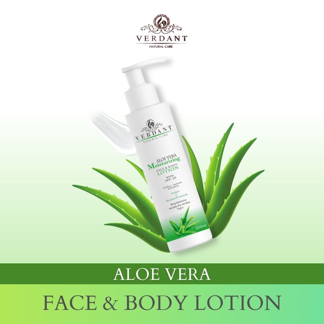 Verdant Natural Care Aloe Vera Moisturizing Body Lotion SPF 20 | Deep Hydration & Soothing Lotion for Dry Skin | Paraben-Free, Silicone-Free | 200ml | Perfect for Daily Moisturizing, Sun Protection & After-Sun Care