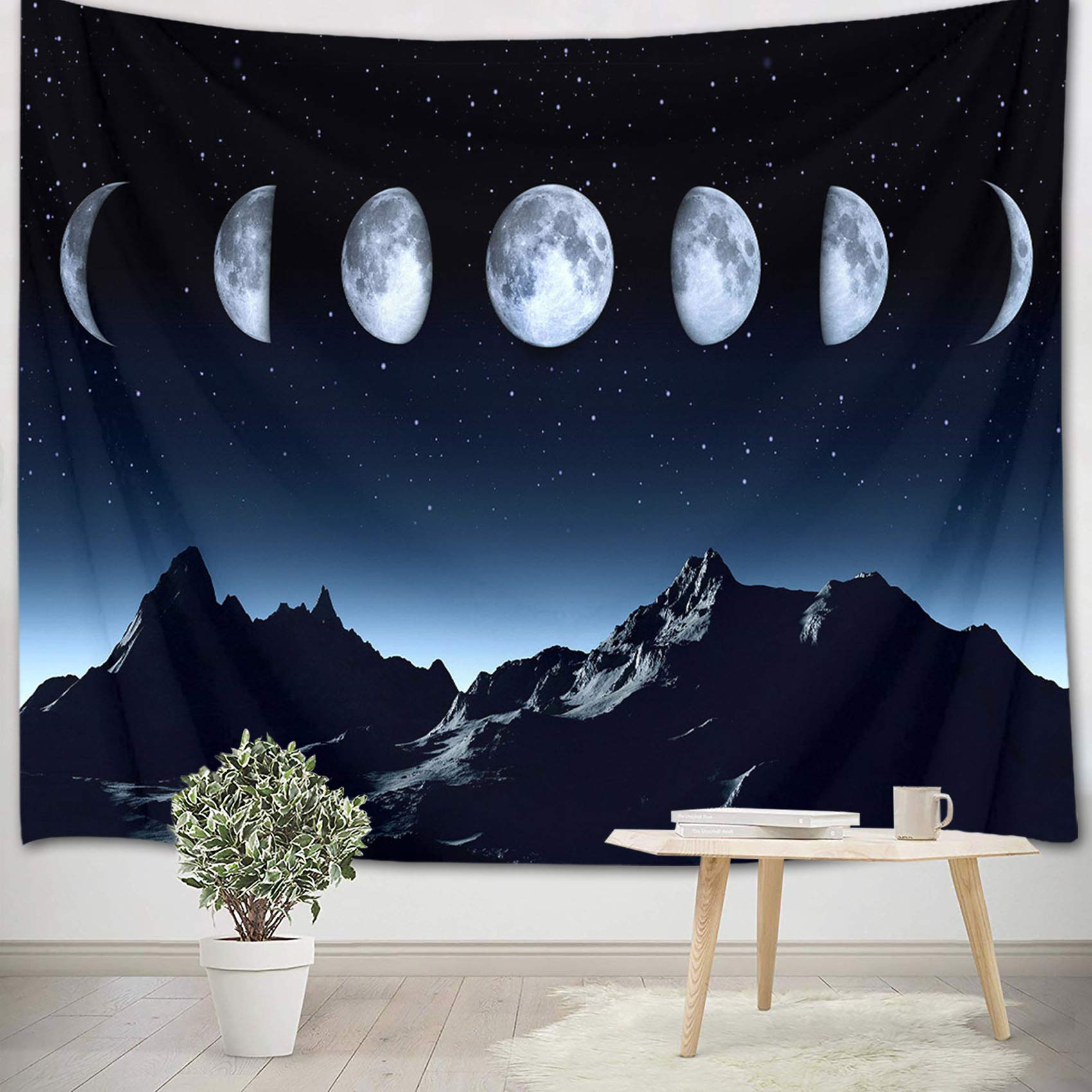 HVEST Mountain Tapestry Night Sky Moon Phases Wall Hanging Blanket - Blue Psychedelic Space Landscape Art Decor for Living Room, Bedroom, Teen Dorm, 92.5x70.9 Inches - Perfect for Meditation, Yoga, and Cozy Nights