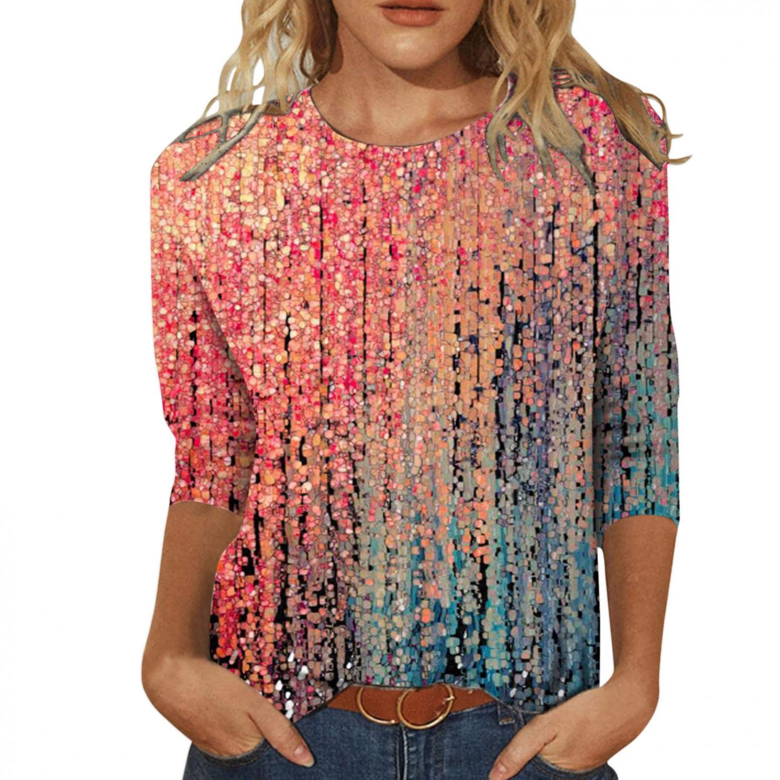 Masbird Women's 3/4 Sleeve Gradient O-Neck Blouse - Casual Loose T-Shirt Top for Summer | Dressy & Comfortable Daily Wear for Work, Dating & Weekend Outings