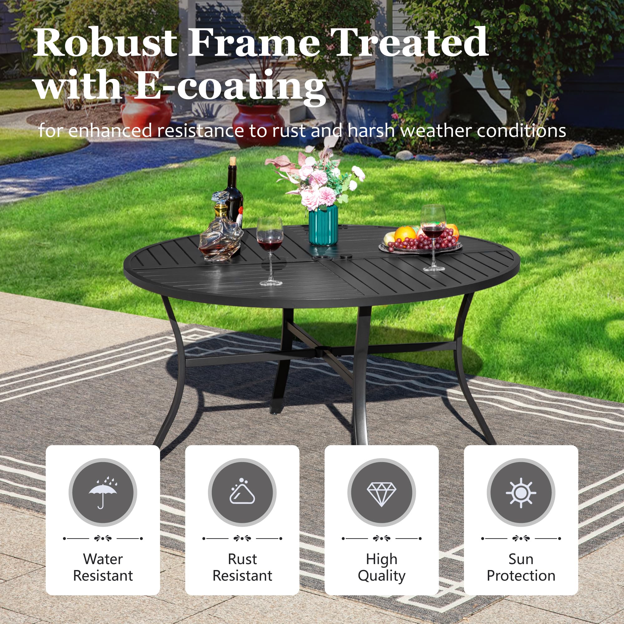 HERA'S HOUSE 42 Inch Round Outdoor Patio Dining Table with Umbrella Hole - Black Metal Garden Table for 4 People - Perfect for Backyard, Lawn, Garden & Poolside Gatherings