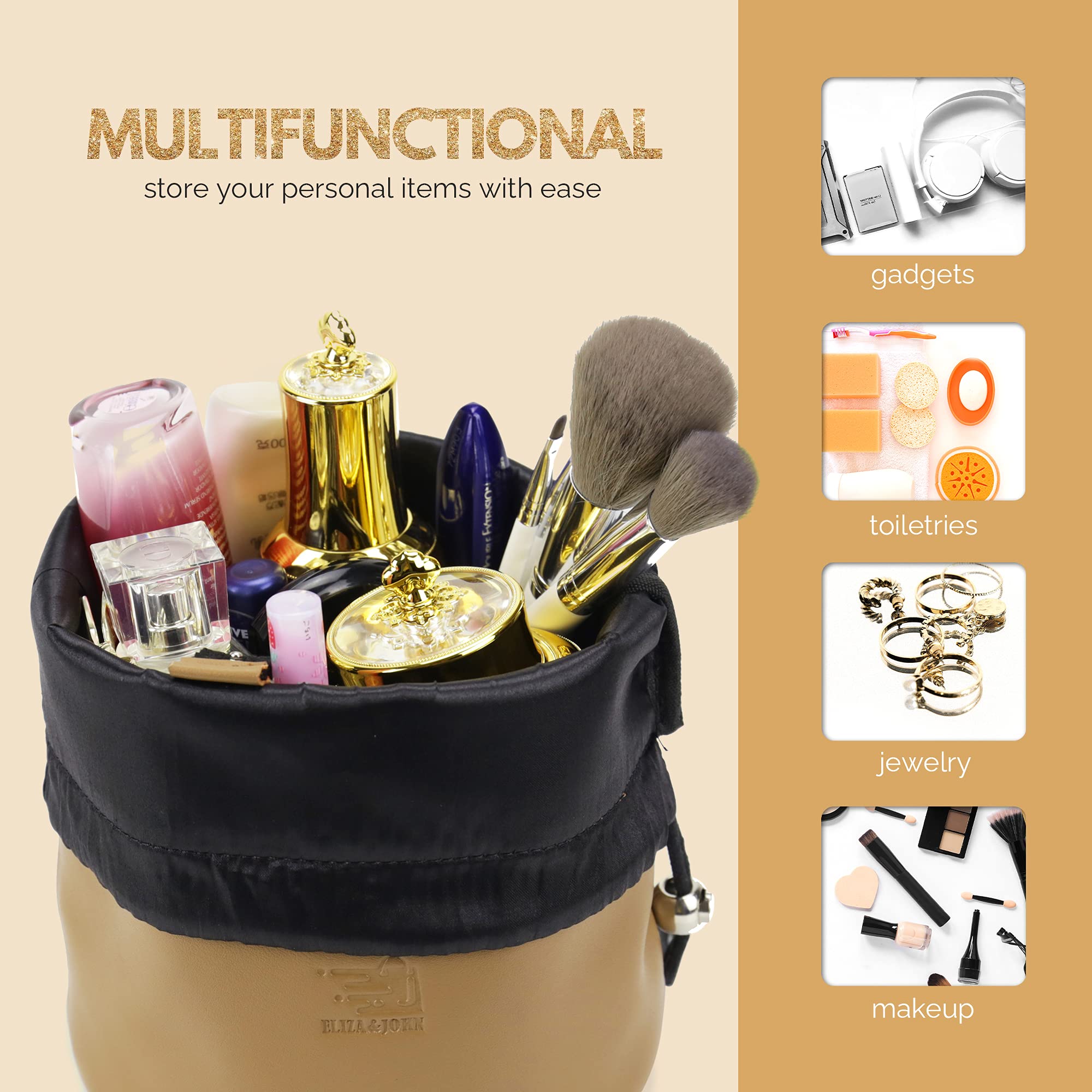 Eliza & John - Large Makeup Organizer & Travel Toiletry Bag for Women & Men, Waterproof Drawstring Shaving Kit with Multiple Pockets - Perfect for Vacation, Gym, Camping & Business Trips (Camel)