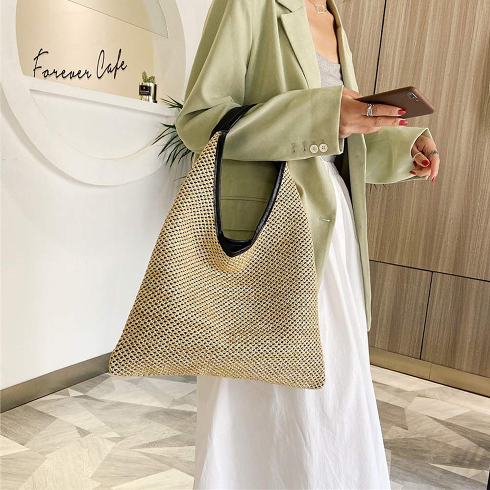 Boho Straw Tote Bag with Leather Handle - Beach & Travel