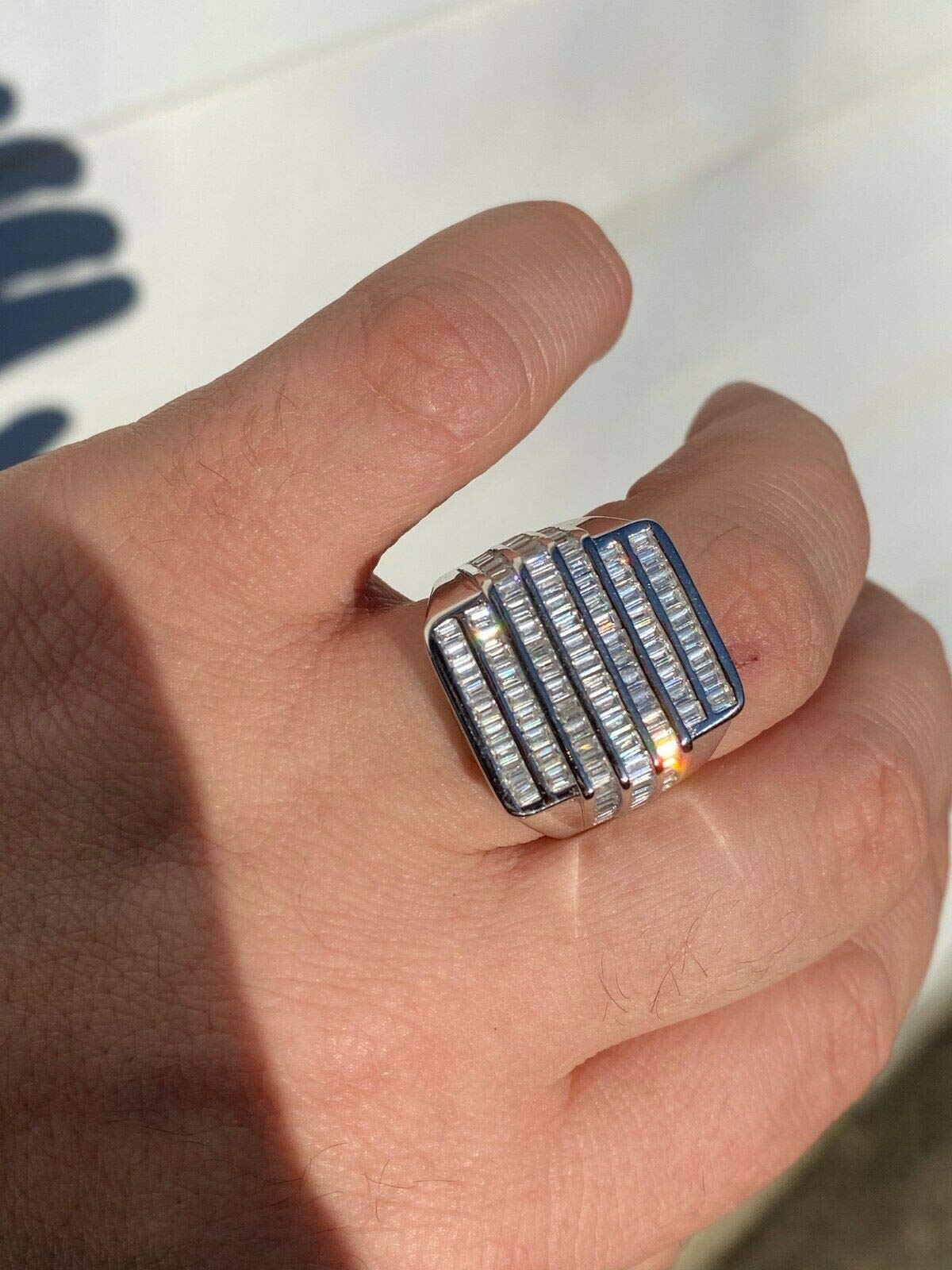 Real Solid 925 Sterling Silver Men's Large Hip Hop Ring with Baguette Diamonds - Iced Out Bling Ring for Pinky or Ring Finger - Perfect for Rappers, Streetwear Fashion & Gift Giving