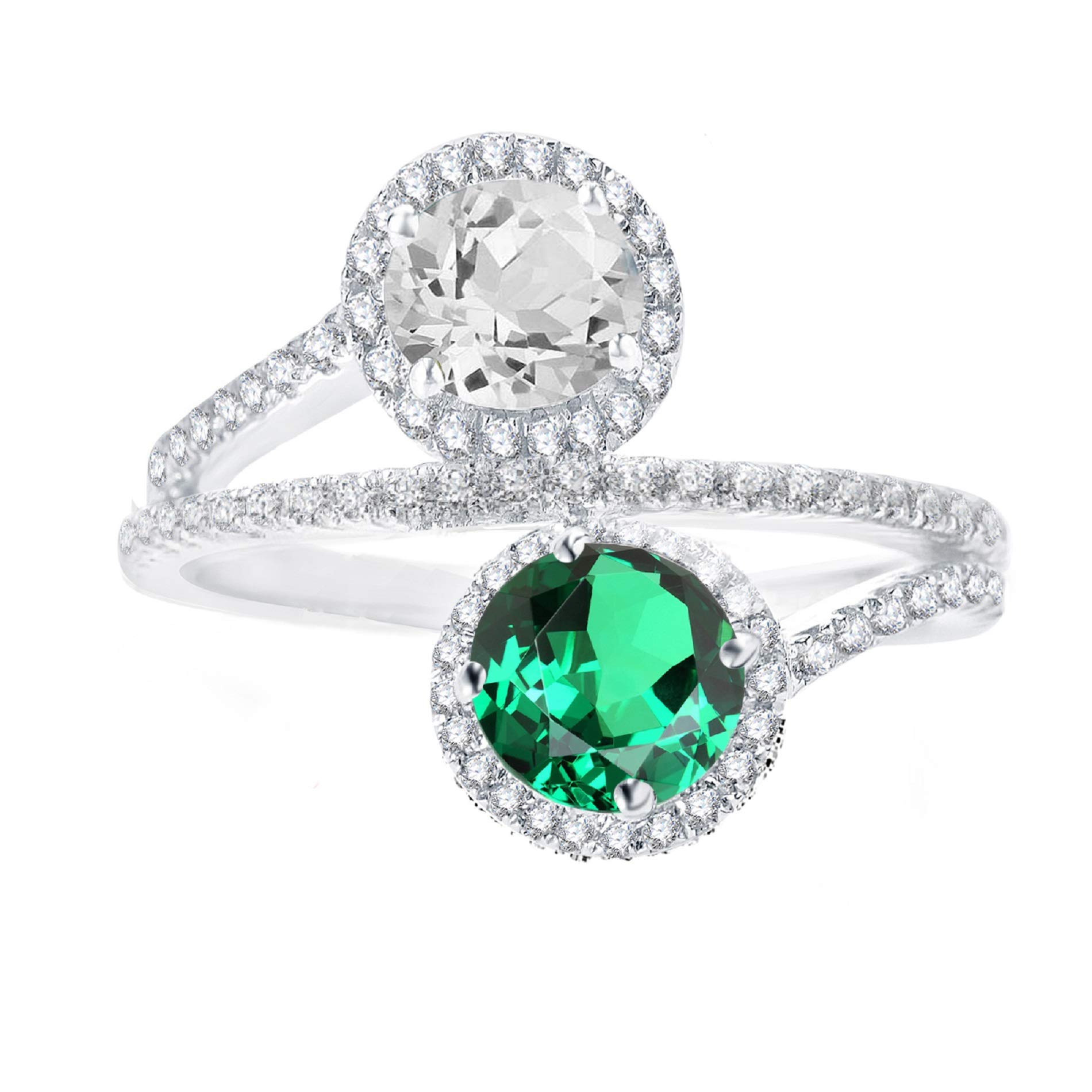 14K Sterling Silver Green Emerald & Natural White Topaz Bypass Halo Ring | Elegant Wedding, Engagement & Anniversary Jewelry Gift for Women