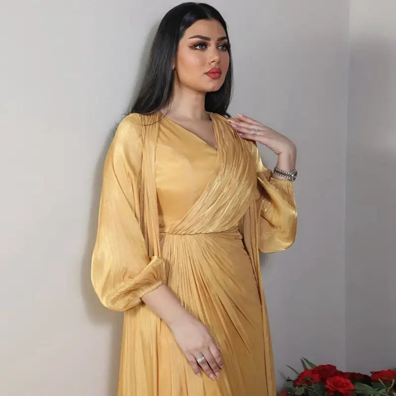2 Piece Set Bright Satin Open Abaya Dress with Inner Sleeveless Dress - Muslim Prayer Dress, Eid Outfit, Ramadan Fashion, Modest Evening Wear for Women
