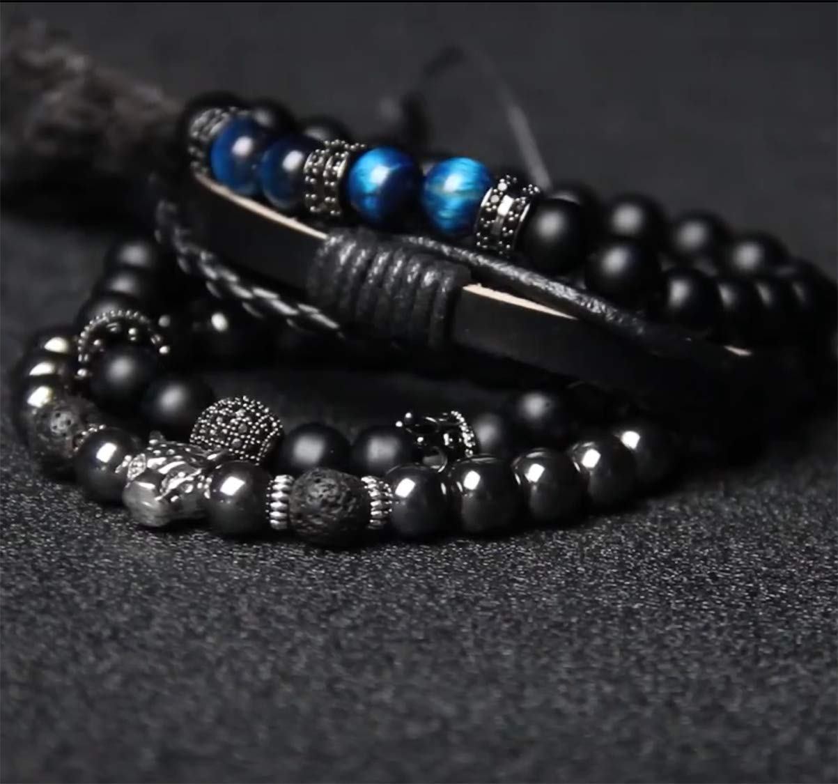 WAINIS Adjustable Braided Leather Bracelets for Men & Women - Tiger Eye & Lava Rock Beads, Woven Ethnic Tribal Rope Wristbands Set - Perfect for Yoga, Meditation, and Boho Fashion Accessories